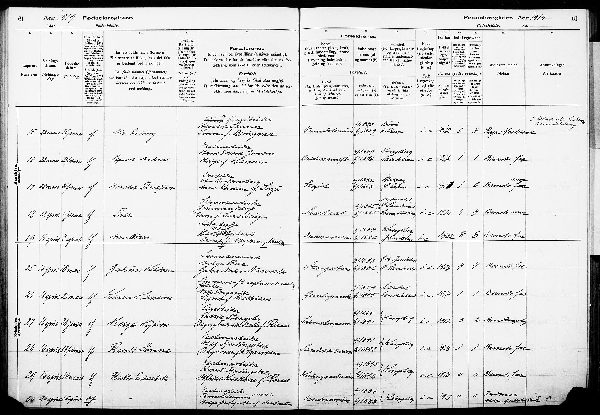 Kongsberg kirkebøker, AV/SAKO-A-22/J/Ja/L0001: Birth register no. I 1, 1916-1927, p. 61