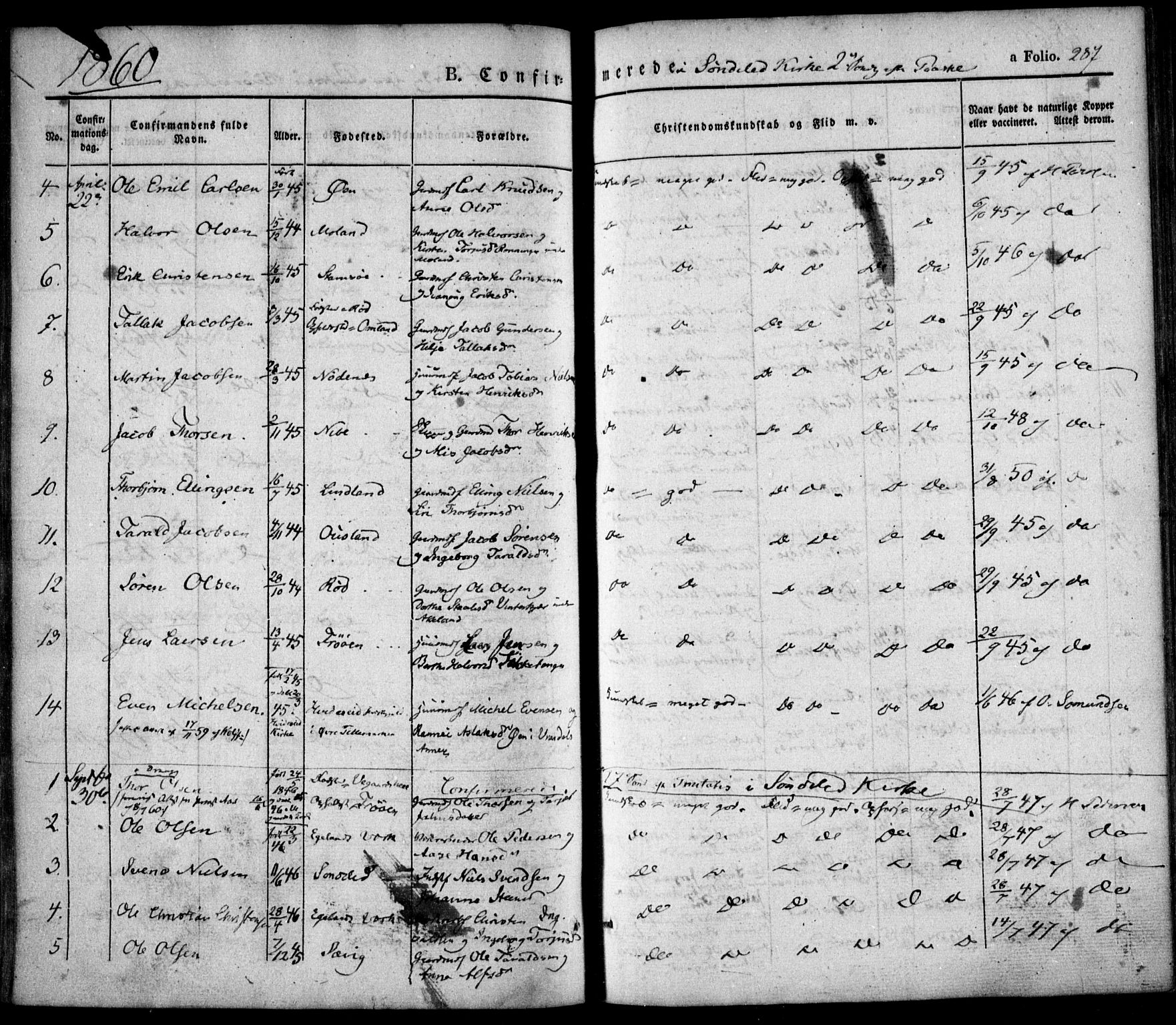 Søndeled sokneprestkontor, AV/SAK-1111-0038/F/Fa/L0002: Parish register (official) no. A 2, 1839-1860, p. 287