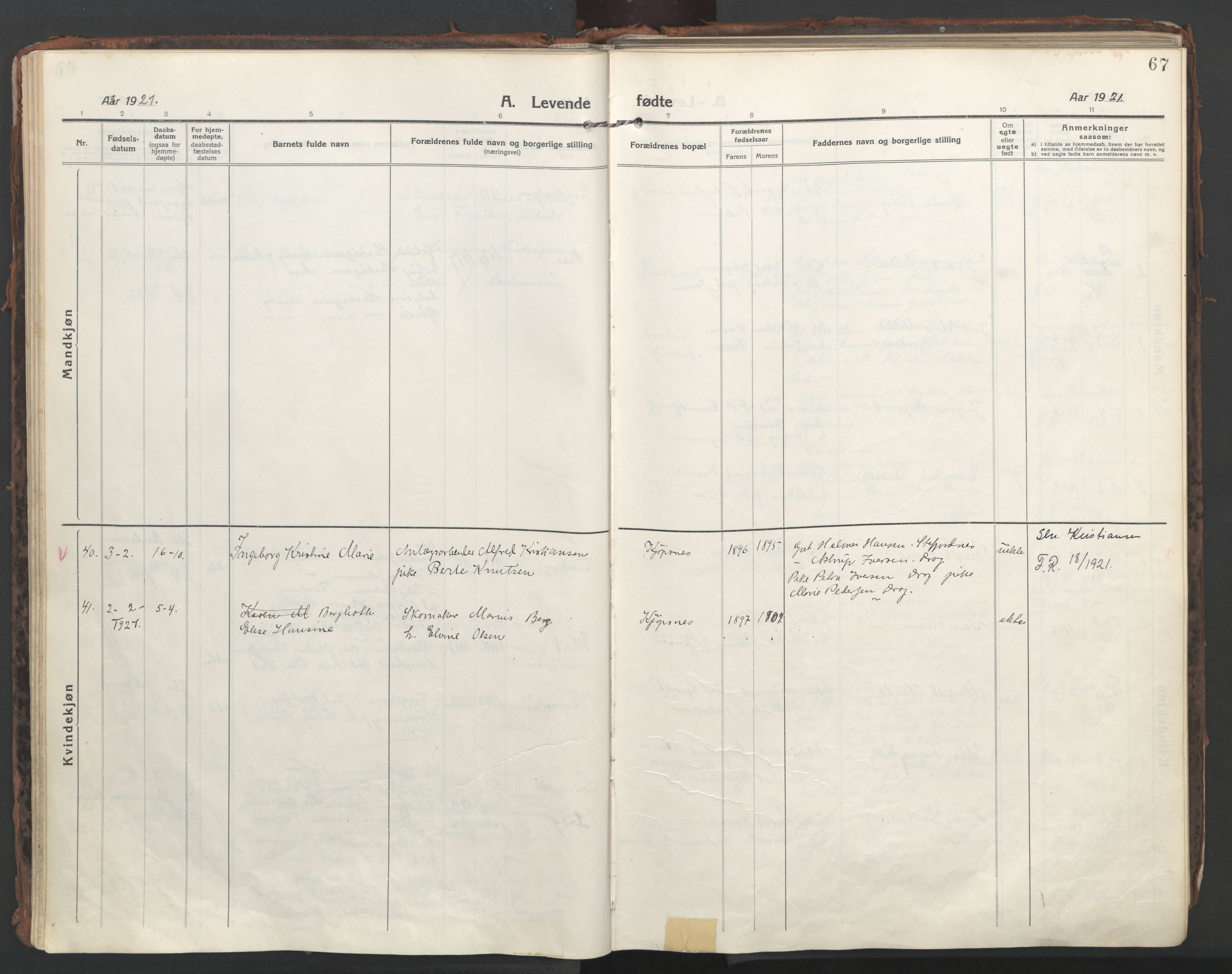 Ministerialprotokoller, klokkerbøker og fødselsregistre - Nordland, AV/SAT-A-1459/861/L0872: Parish register (official) no. 861A07, 1915-1924, p. 67