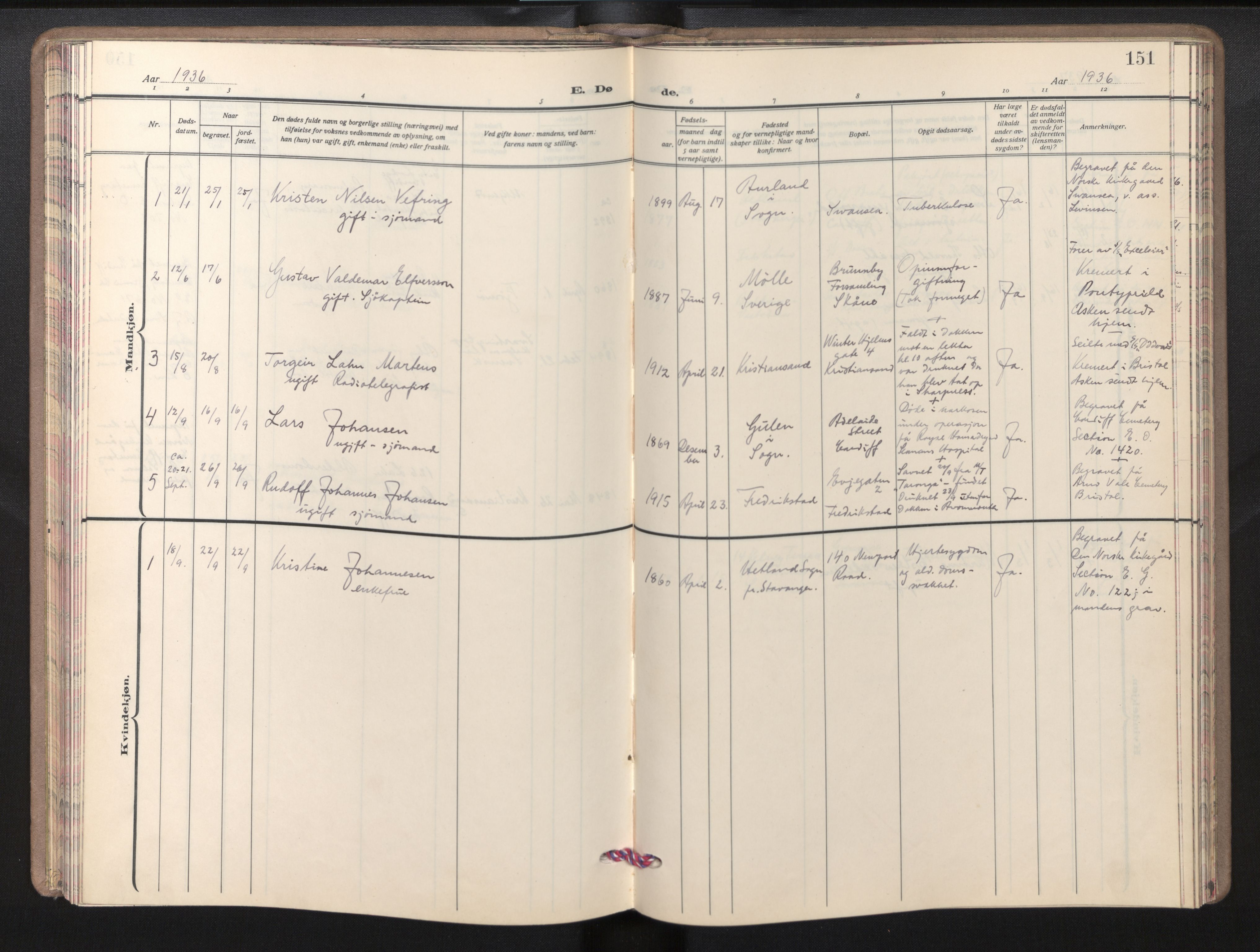 Den norske sjømannsmisjon i utlandet/Bristolhavnene(Cardiff-Swansea), SAB/SAB/PA-0102/H/Ha/Haa/L0003: Parish register (official) no. A 3, 1932-1966, p. 150b-151a