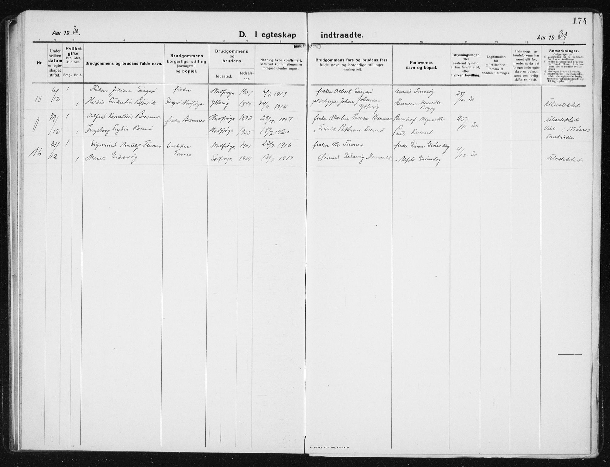 Ministerialprotokoller, klokkerbøker og fødselsregistre - Sør-Trøndelag, AV/SAT-A-1456/640/L0589: Parish register (copy) no. 640C06, 1922-1934, p. 174