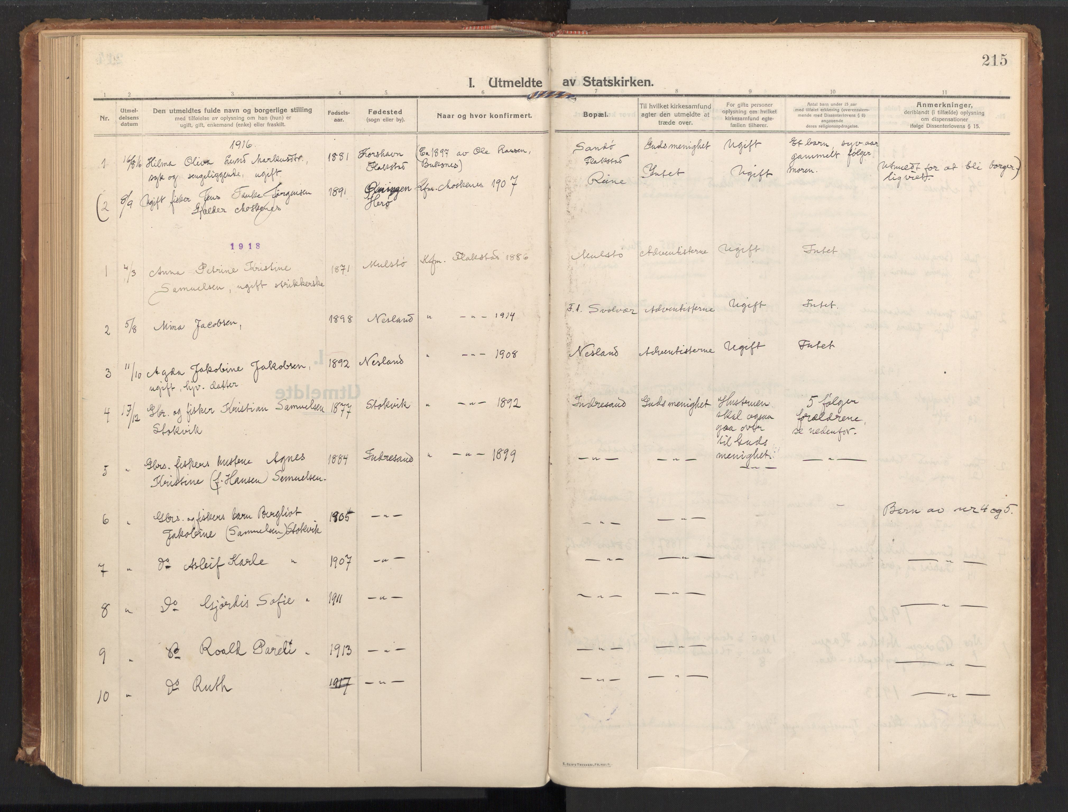 Ministerialprotokoller, klokkerbøker og fødselsregistre - Nordland, SAT/A-1459/885/L1210: Parish register (official) no. 885A10, 1916-1926, p. 215