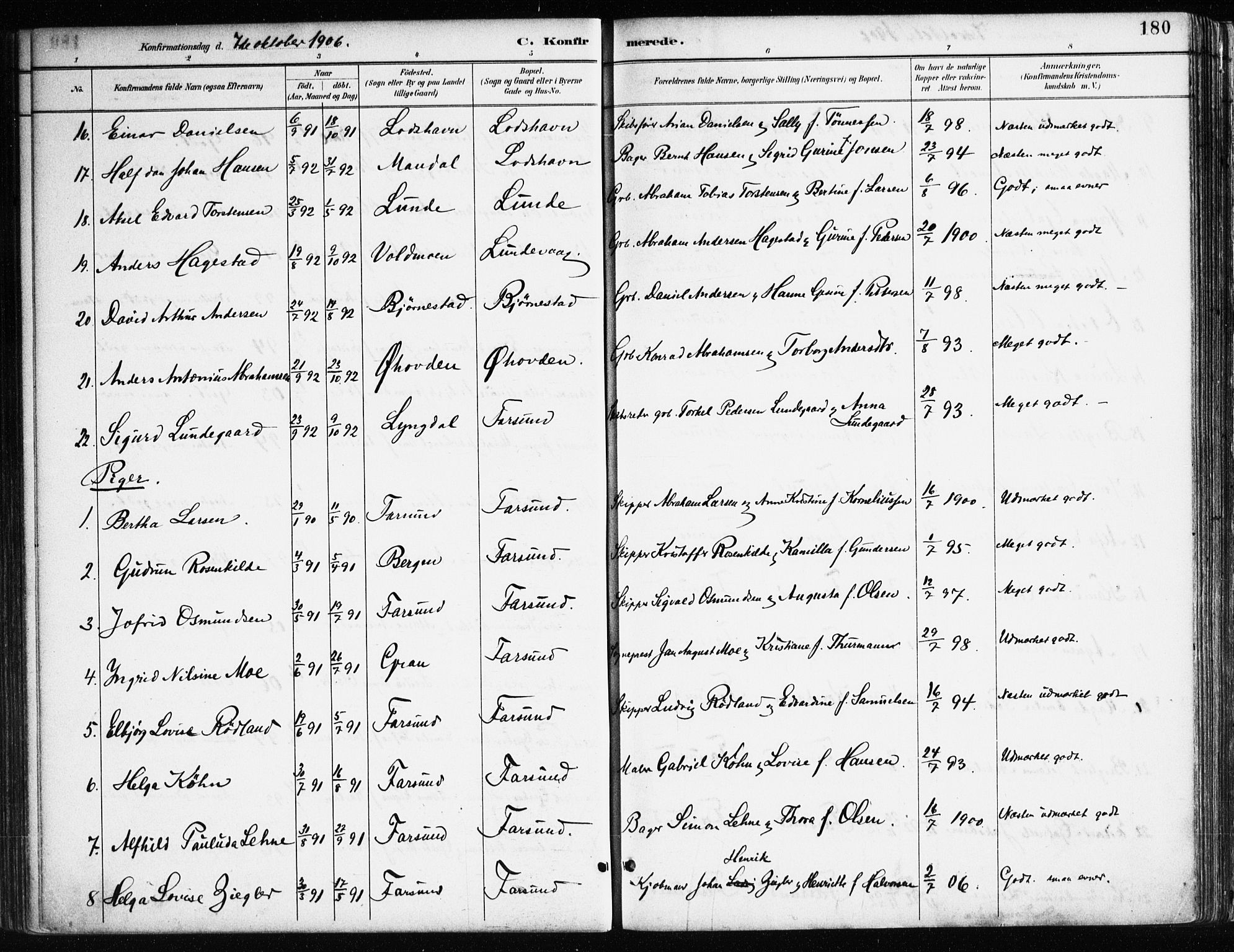 Farsund sokneprestkontor, SAK/1111-0009/F/Fa/L0006: Parish register (official) no. A 6, 1887-1920, p. 180