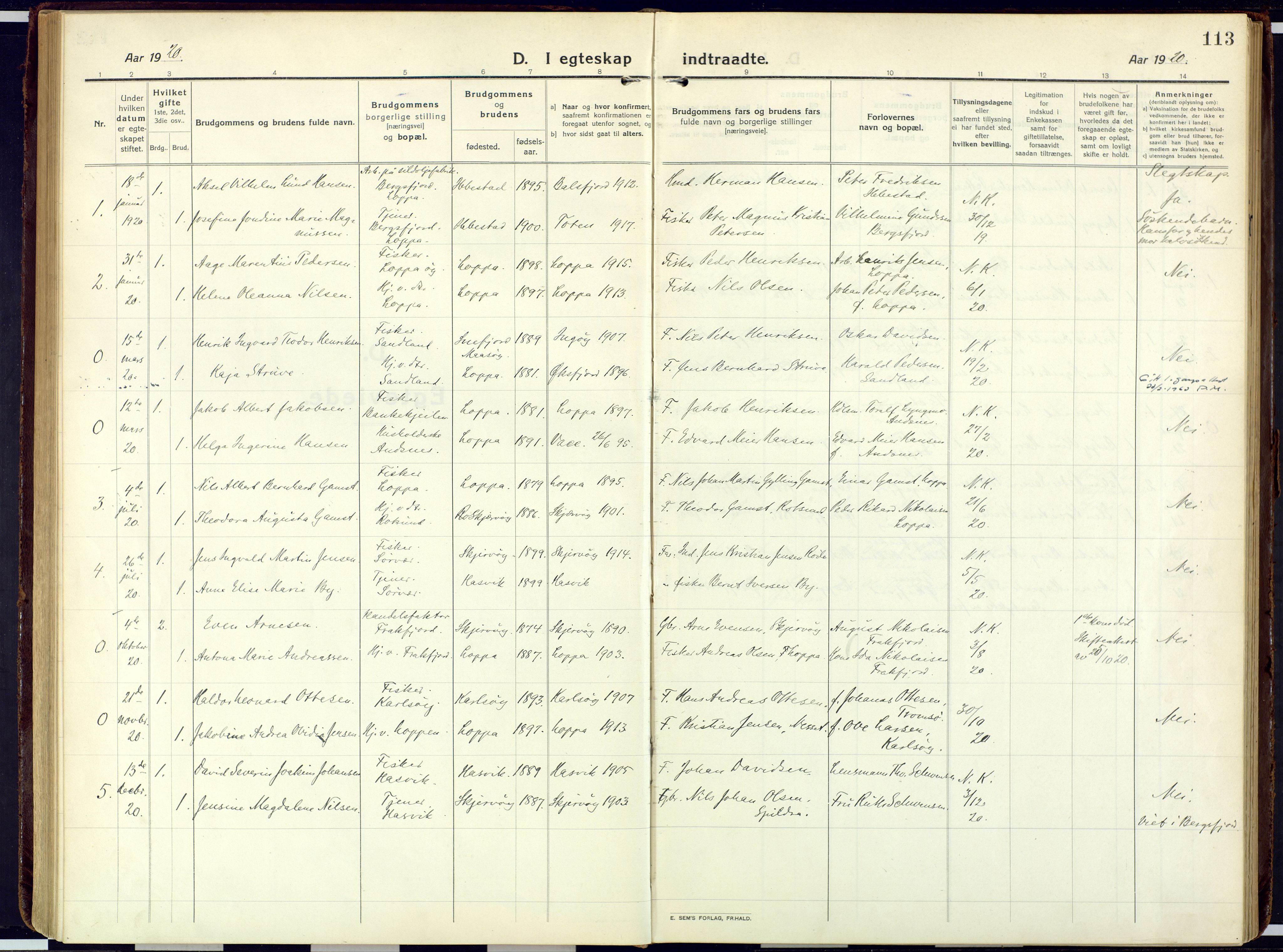 Loppa sokneprestkontor, SATØ/S-1339/H/Ha/L0013kirke: Parish register (official) no. 13, 1920-1932, p. 113