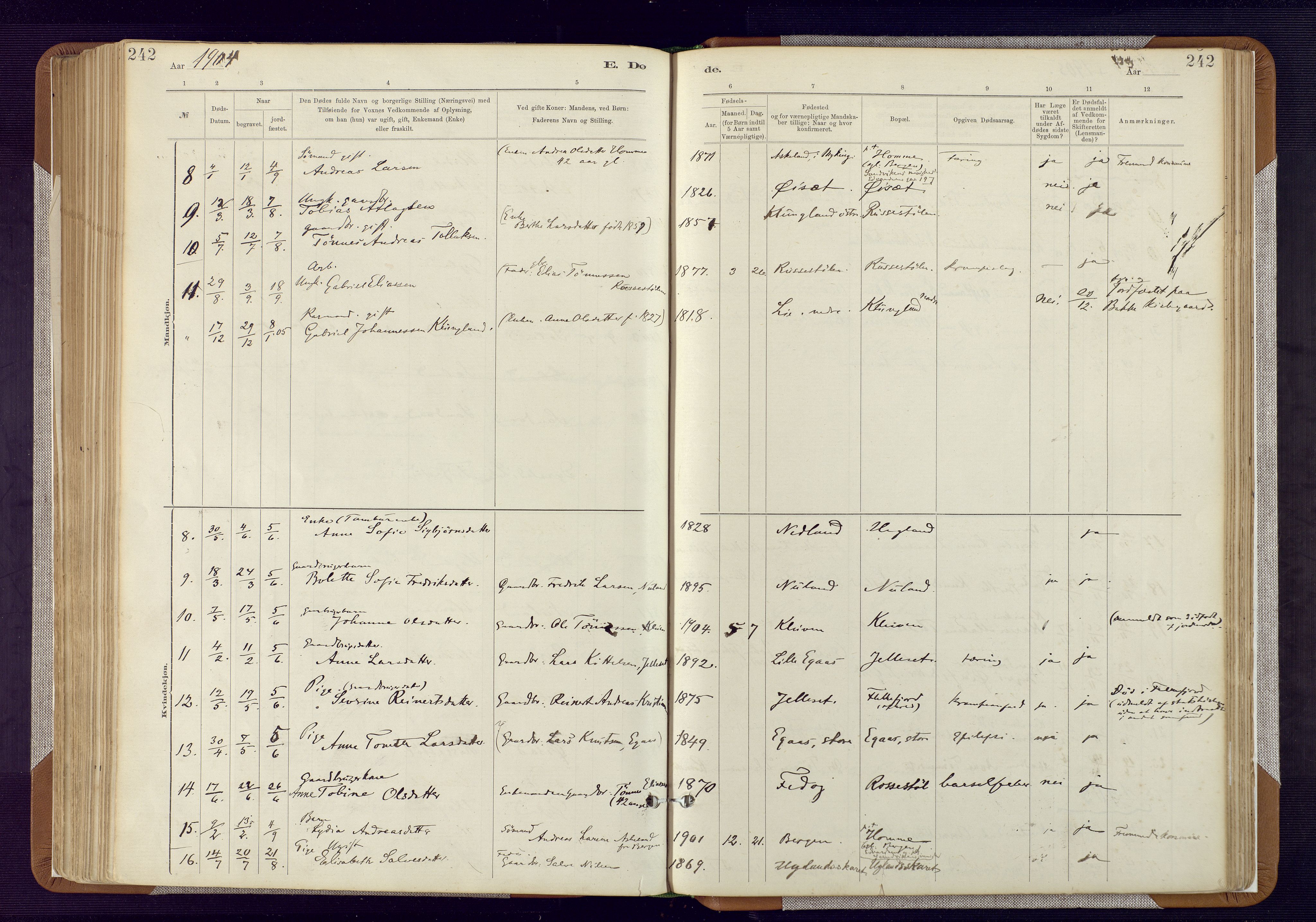 Bakke sokneprestkontor, AV/SAK-1111-0002/F/Fa/Fab/L0003: Parish register (official) no. A 3, 1884-1921, p. 242