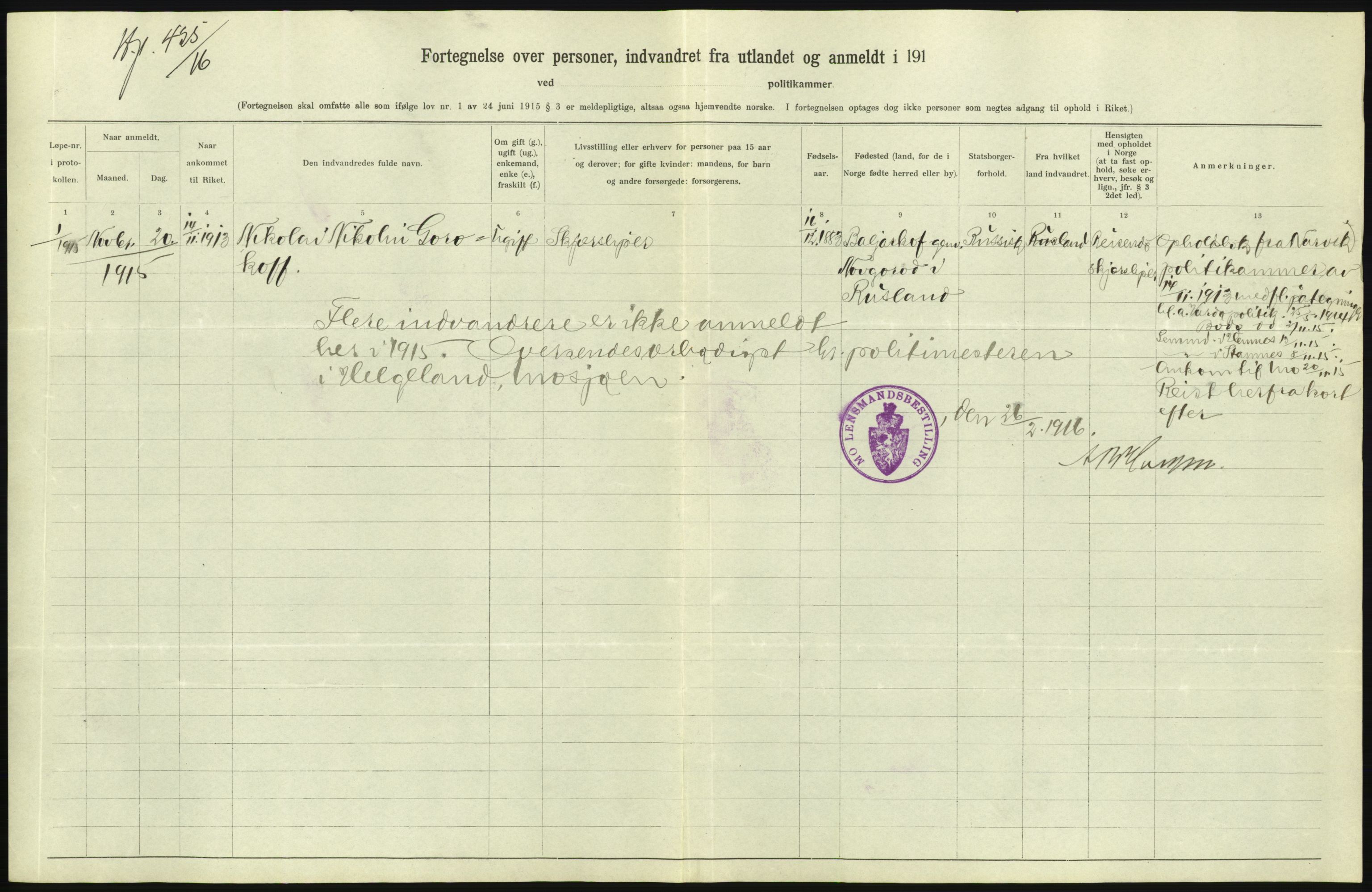 Statistisk sentralbyrå, Sosioøkonomiske emner, Folketellinger, boliger og boforhold, AV/RA-S-2231/F/Fa/L0001: Innvandring. Navn/fylkesvis, 1915, p. 540