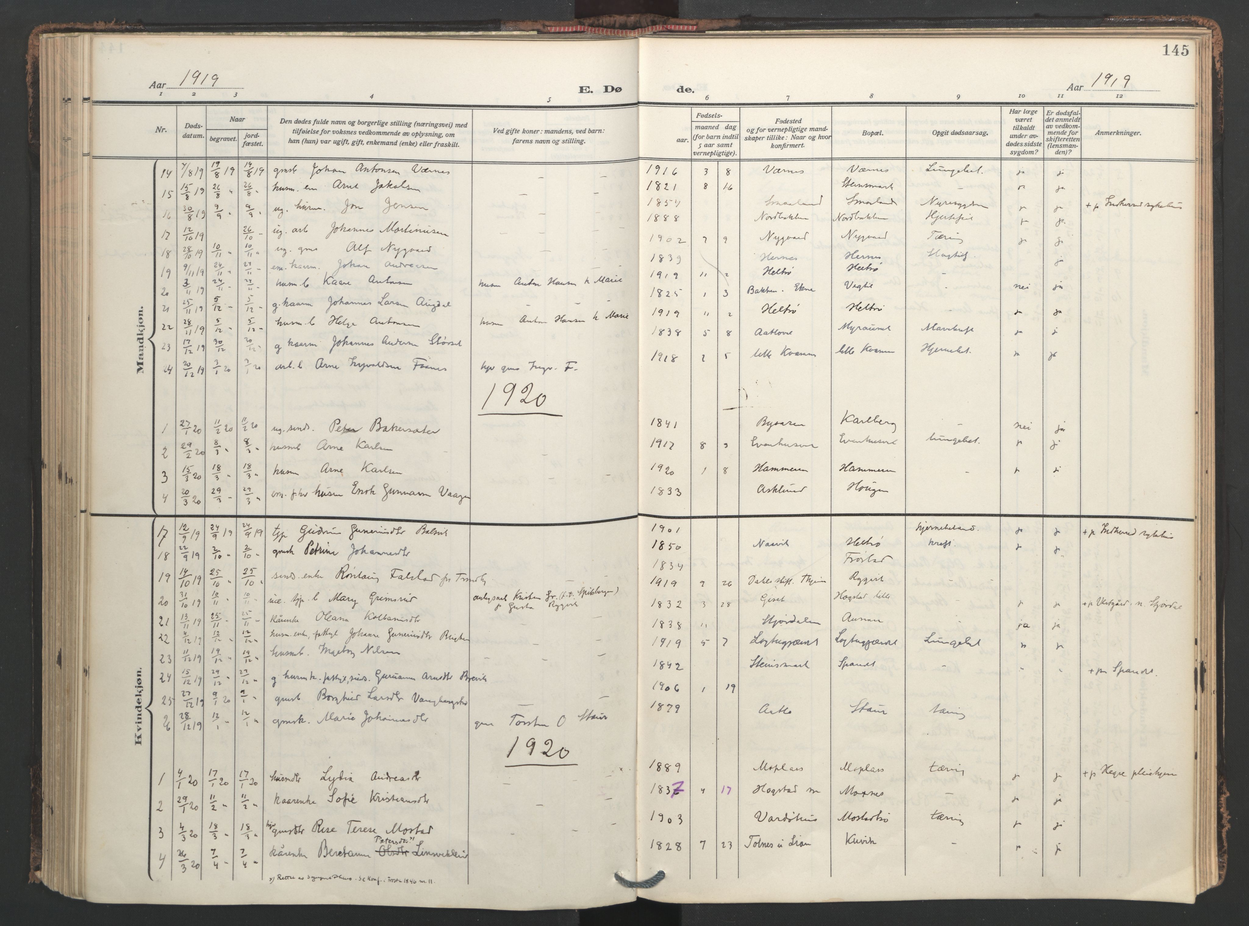 Ministerialprotokoller, klokkerbøker og fødselsregistre - Nord-Trøndelag, SAT/A-1458/713/L0123: Parish register (official) no. 713A12, 1911-1925, p. 145