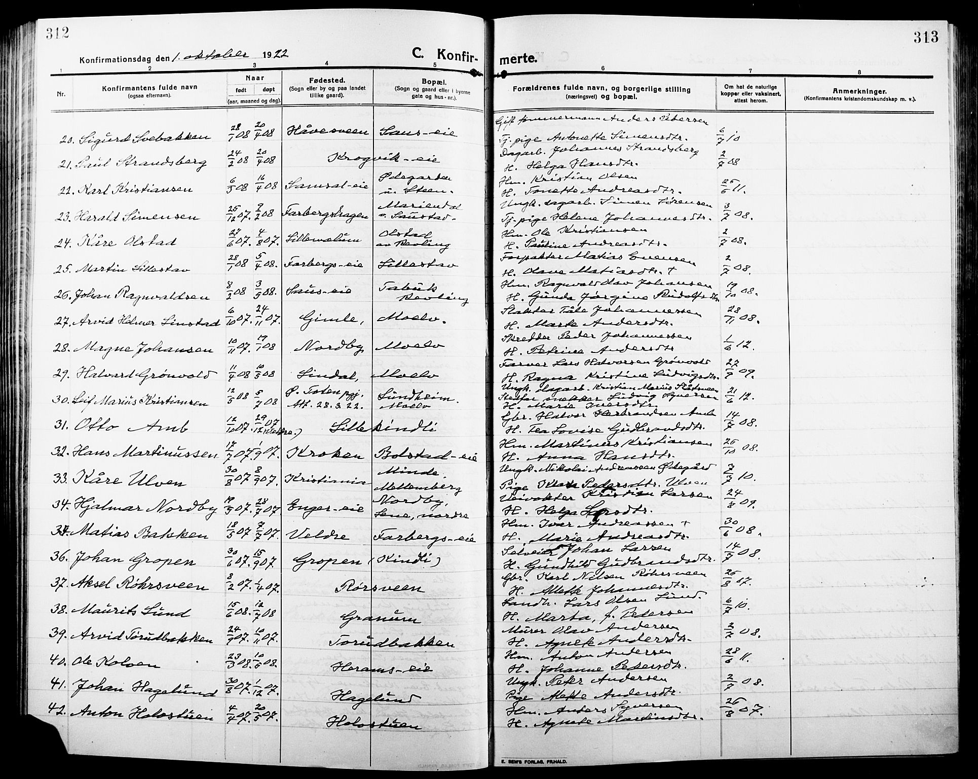 Ringsaker prestekontor, AV/SAH-PREST-014/L/La/L0018: Parish register (copy) no. 18, 1913-1922, p. 312-313