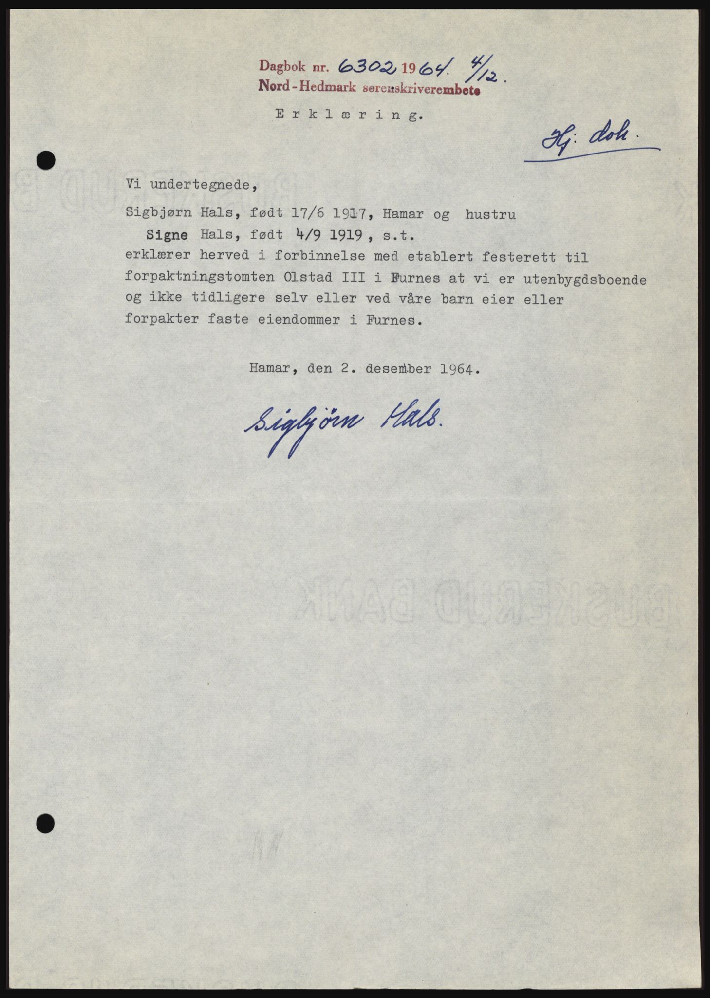 Nord-Hedmark sorenskriveri, SAH/TING-012/H/Hc/L0021: Mortgage book no. 21, 1964-1965, Diary no: : 6302/1964