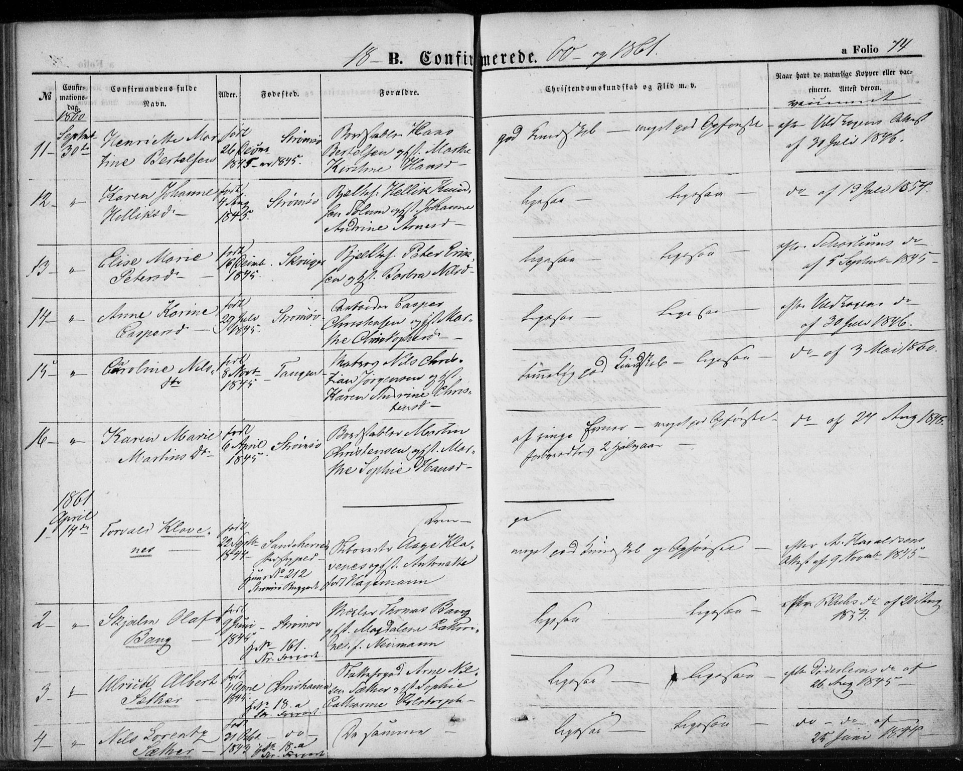 Strømsø kirkebøker, SAKO/A-246/F/Fa/L0017: Parish register (official) no. I 17, 1848-1865, p. 74