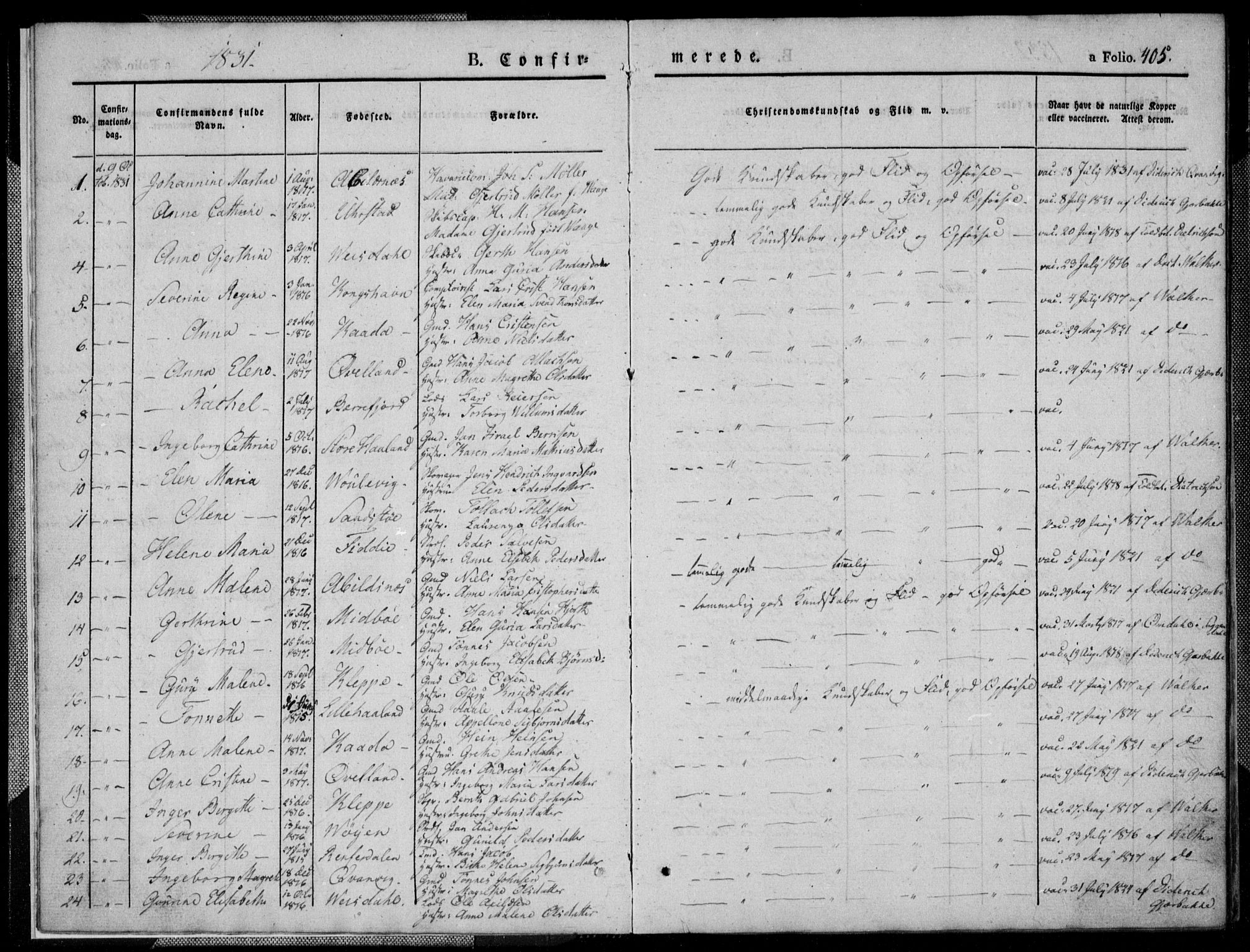 Flekkefjord sokneprestkontor, SAK/1111-0012/F/Fb/Fbb/L0002: Parish register (copy) no. B 2b, 1831-1866, p. 405