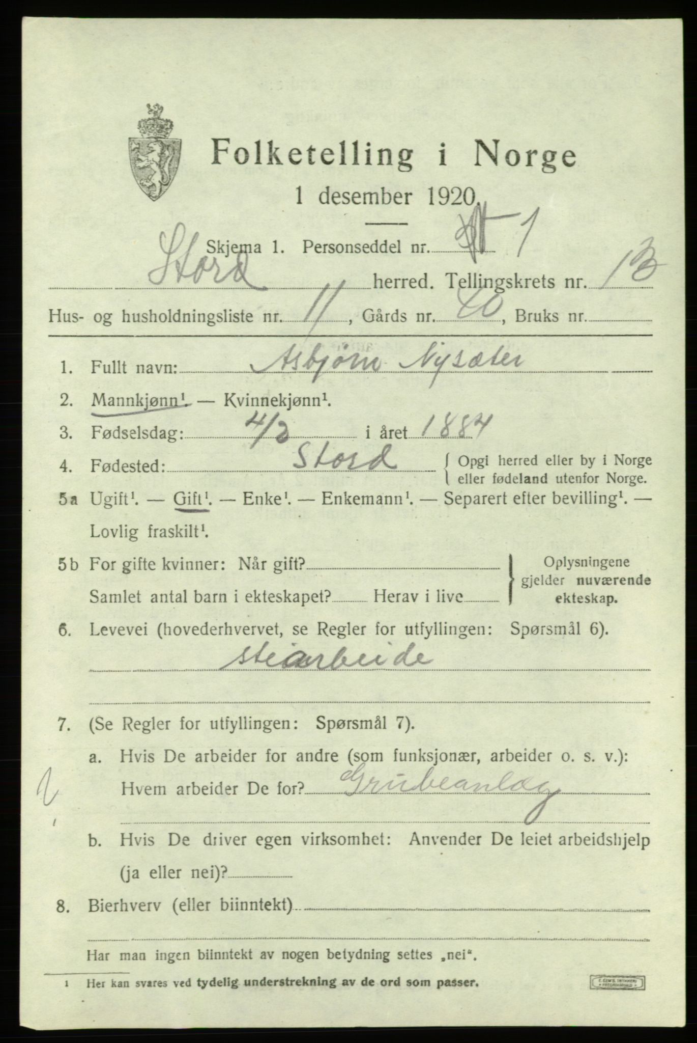 SAB, 1920 census for Stord, 1920, p. 7555