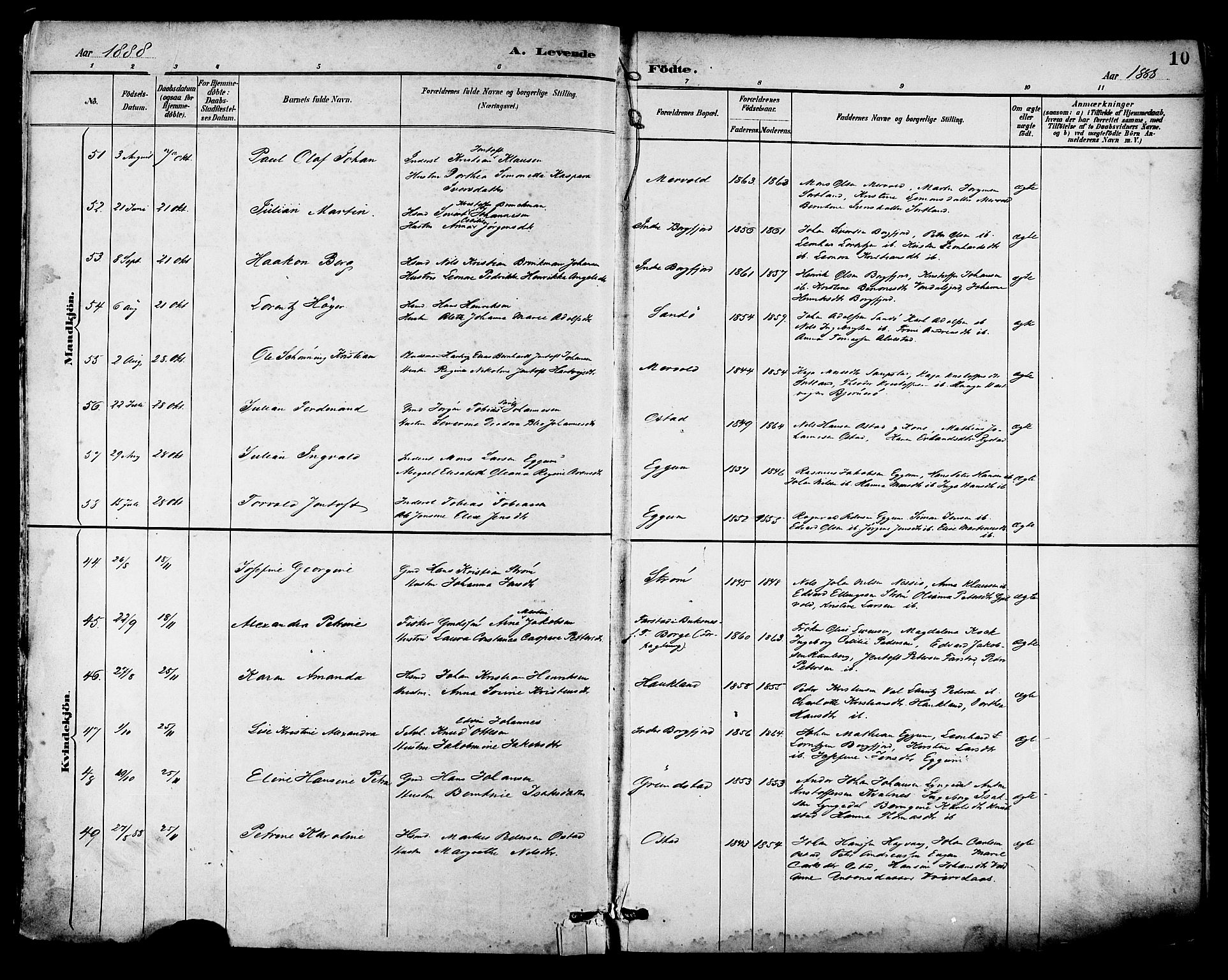 Ministerialprotokoller, klokkerbøker og fødselsregistre - Nordland, SAT/A-1459/880/L1133: Parish register (official) no. 880A07, 1888-1898, p. 10