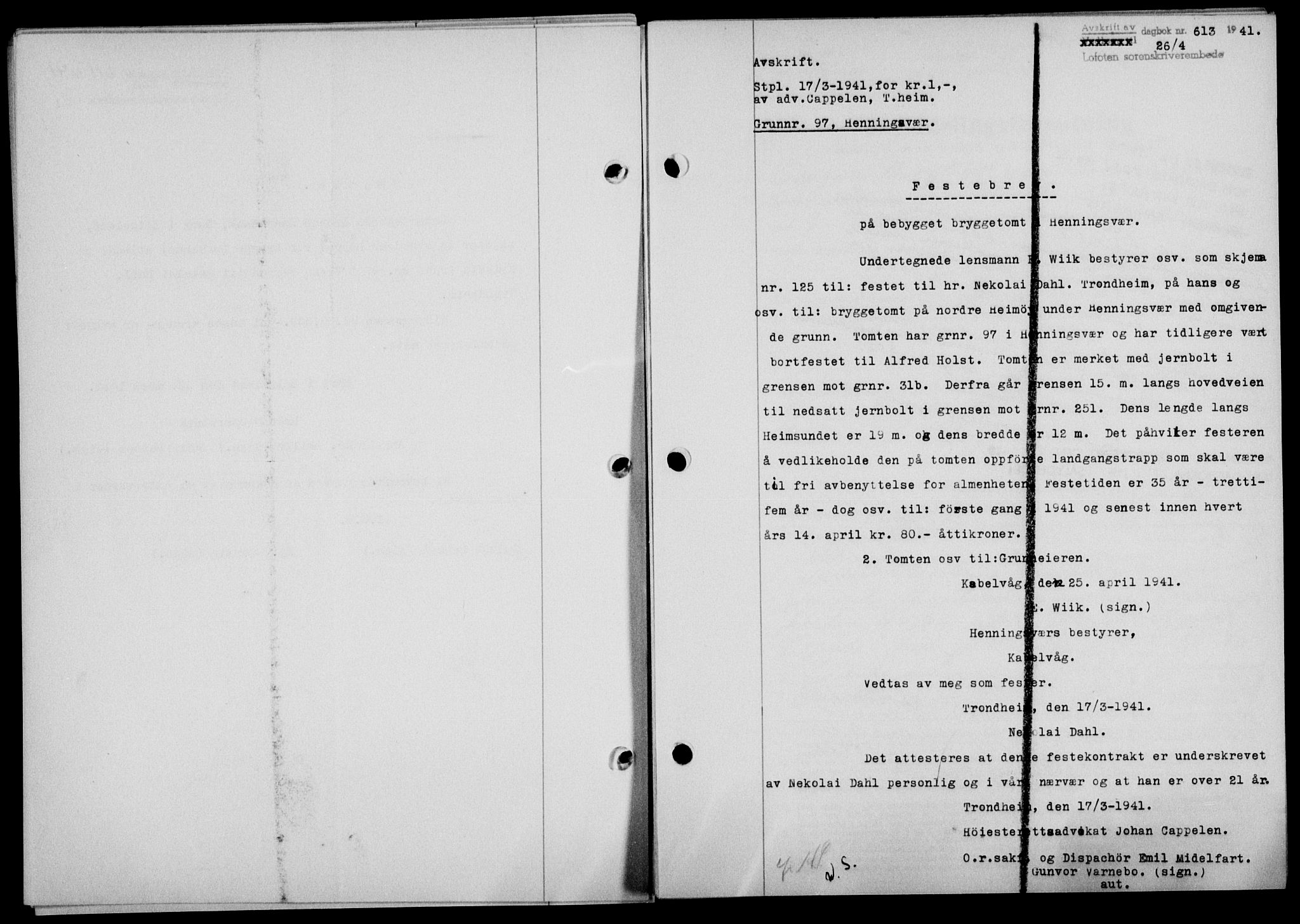 Lofoten sorenskriveri, SAT/A-0017/1/2/2C/L0008a: Mortgage book no. 8a, 1940-1941, Diary no: : 613/1941