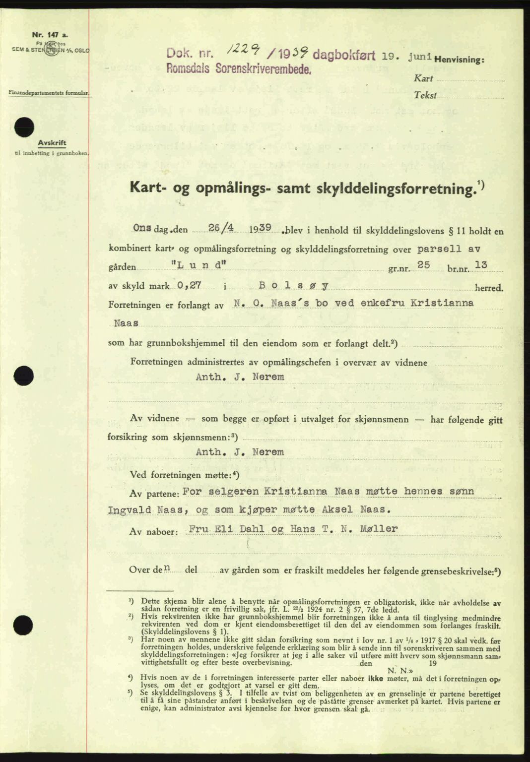 Romsdal sorenskriveri, AV/SAT-A-4149/1/2/2C: Mortgage book no. A7, 1939-1939, Diary no: : 1229/1939