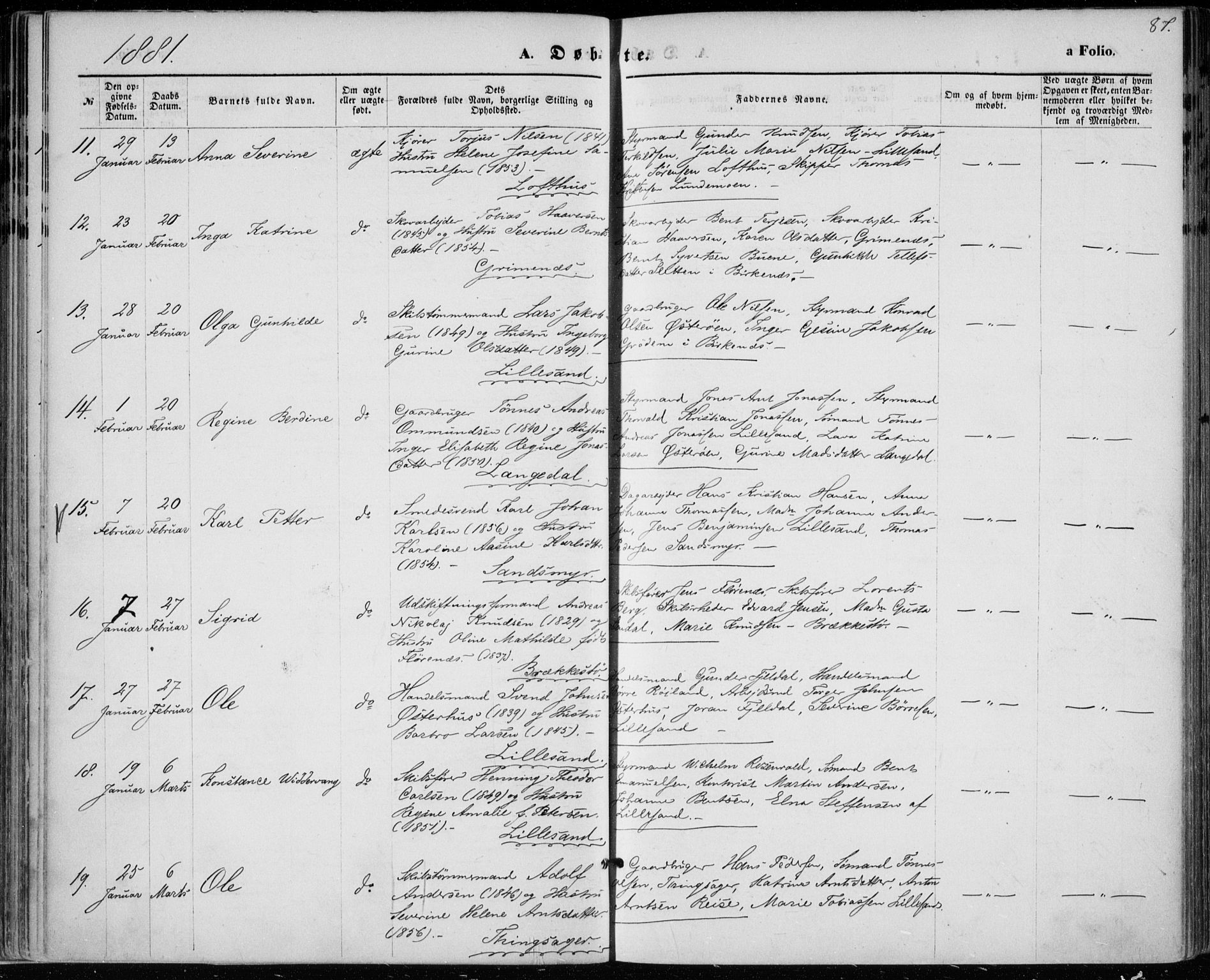 Vestre Moland sokneprestkontor, AV/SAK-1111-0046/F/Fa/Fab/L0008: Parish register (official) no. A 8, 1873-1883, p. 87