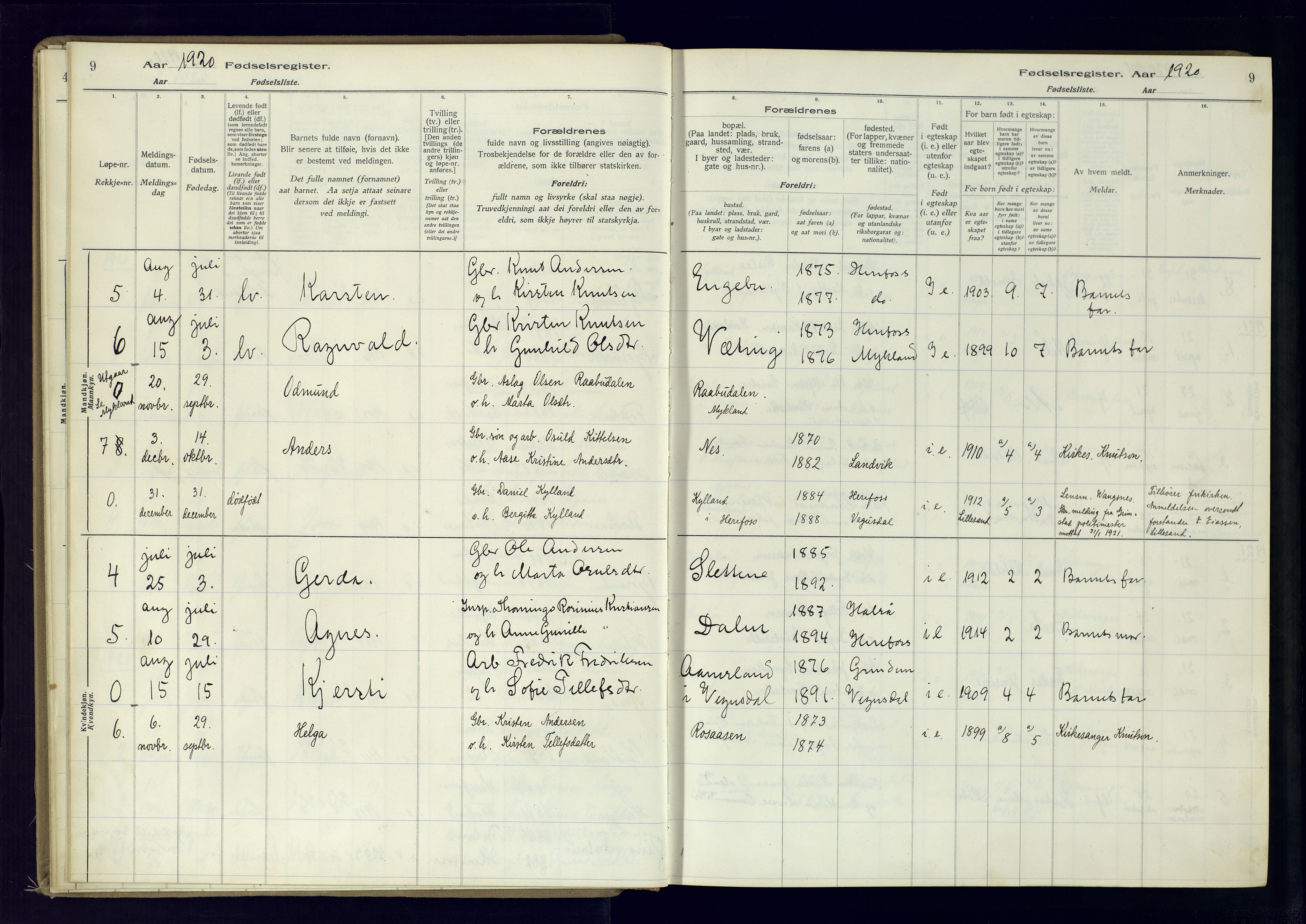 Herefoss sokneprestkontor, AV/SAK-1111-0019/J/Ja/L0001: Birth register no. II.6.10, 1916-1982, p. 9