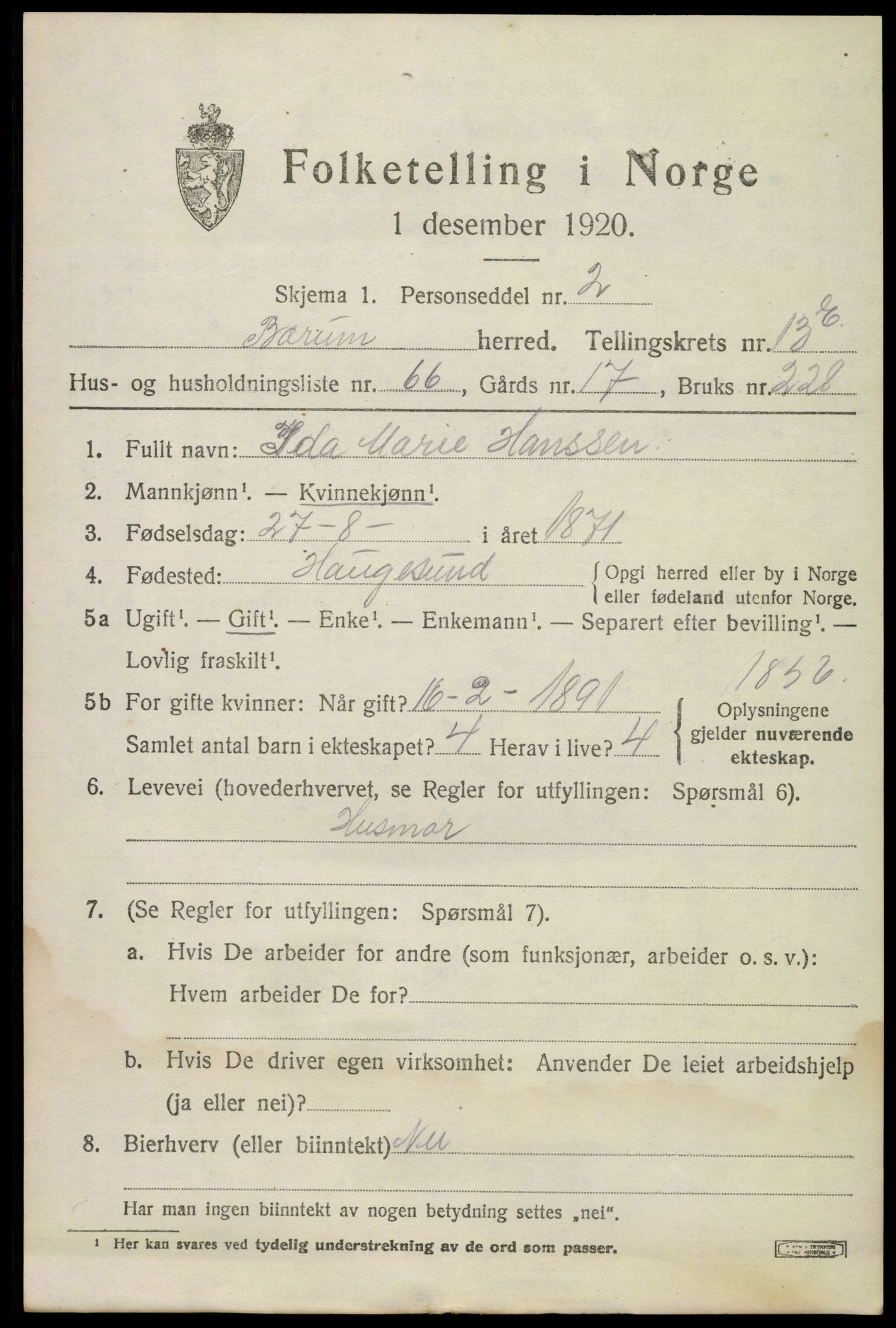 SAO, 1920 census for Bærum, 1920, p. 38740