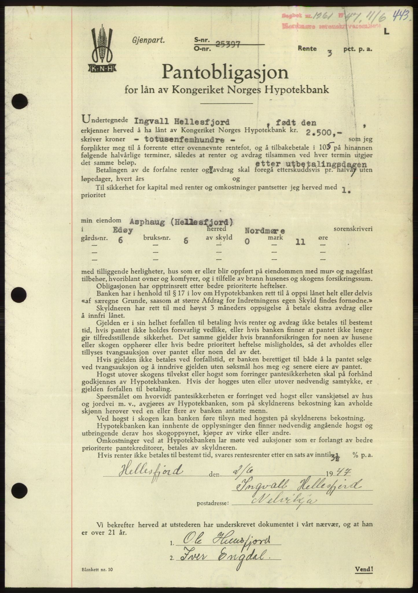 Nordmøre sorenskriveri, AV/SAT-A-4132/1/2/2Ca: Mortgage book no. B96, 1947-1947, Diary no: : 1261/1947