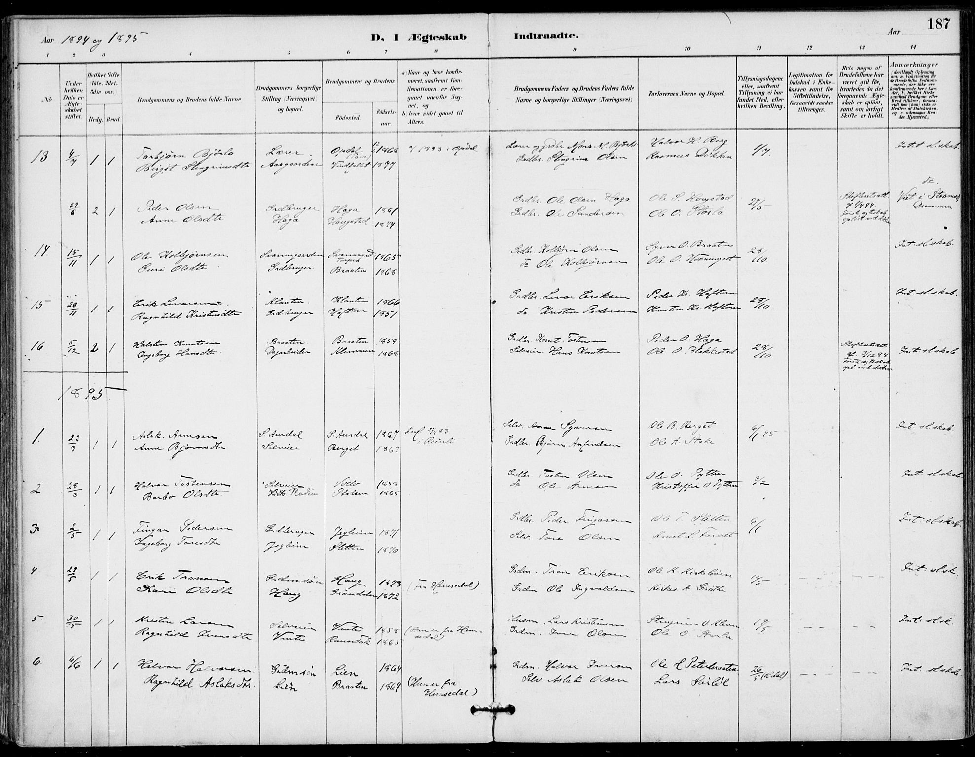 Gol kirkebøker, SAKO/A-226/F/Fa/L0005: Parish register (official) no. I 5, 1887-1900, p. 187