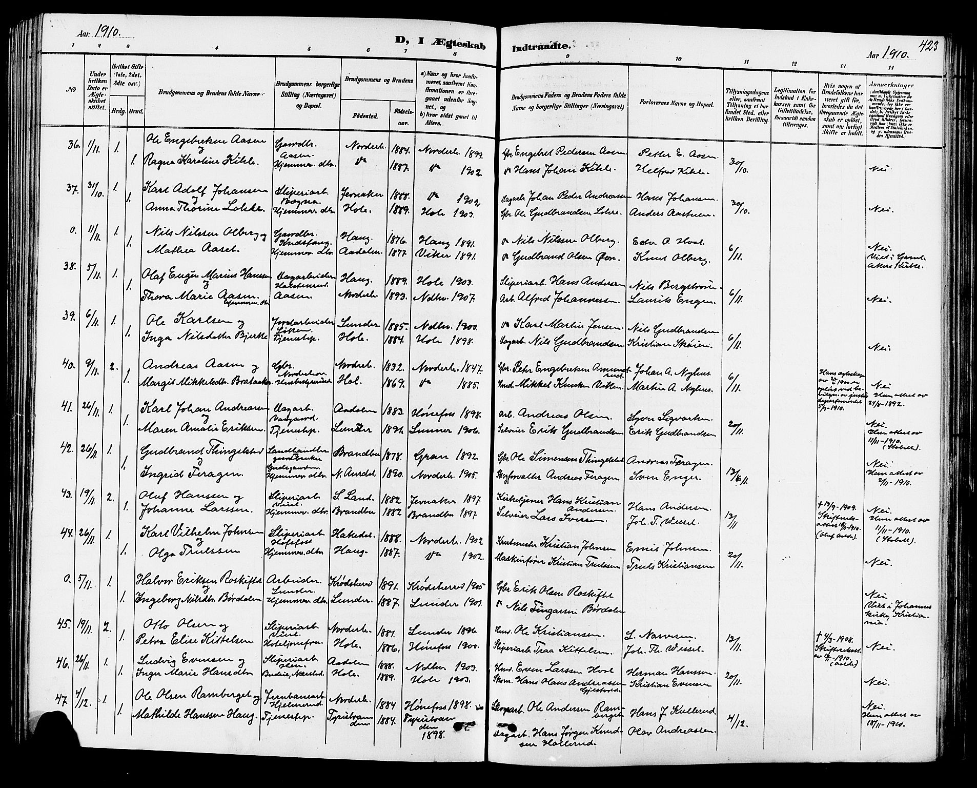 Norderhov kirkebøker, AV/SAKO-A-237/G/Ga/L0008: Parish register (copy) no. I 8, 1887-1912, p. 423