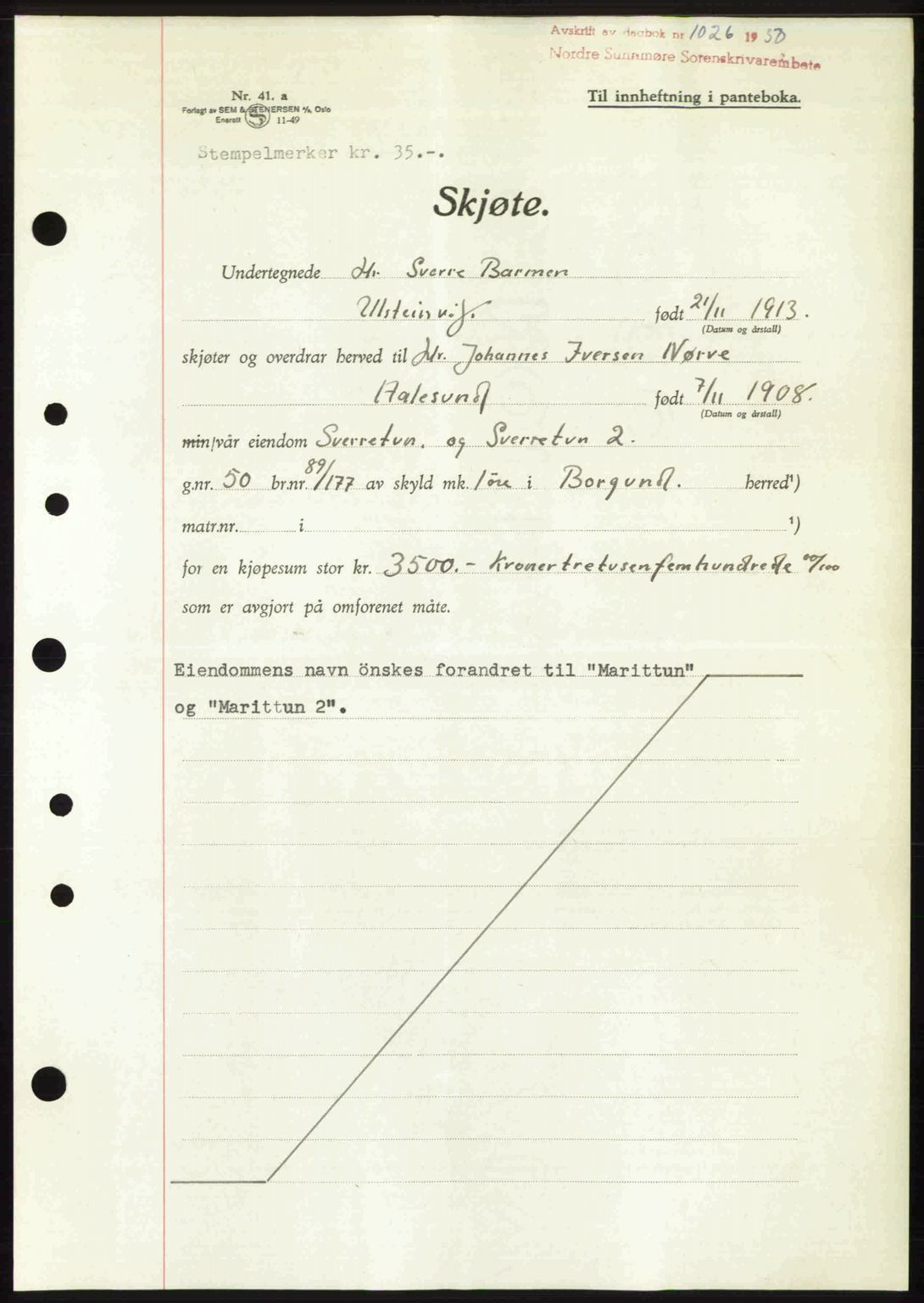 Nordre Sunnmøre sorenskriveri, AV/SAT-A-0006/1/2/2C/2Ca: Mortgage book no. A34, 1950-1950, Diary no: : 1026/1950