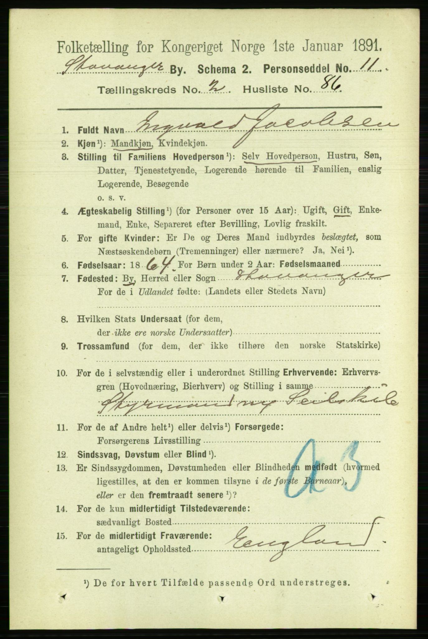 RA, 1891 census for 1103 Stavanger, 1891, p. 6677