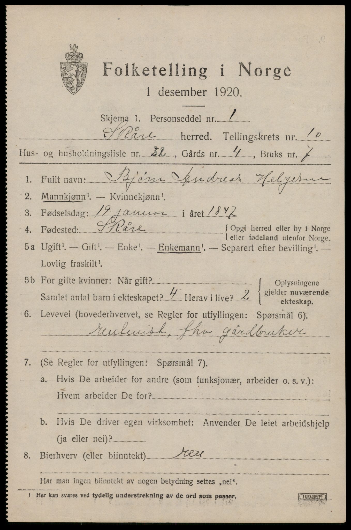 SAST, 1920 census for Skåre, 1920, p. 8274