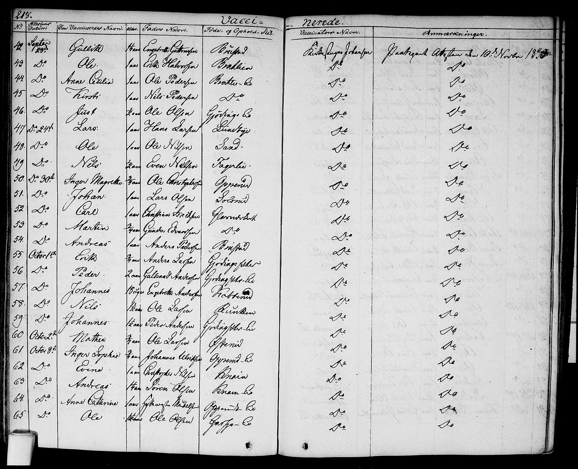 Hurdal prestekontor Kirkebøker, AV/SAO-A-10889/F/Fa/L0004: Parish register (official) no. I 4, 1828-1845, p. 218