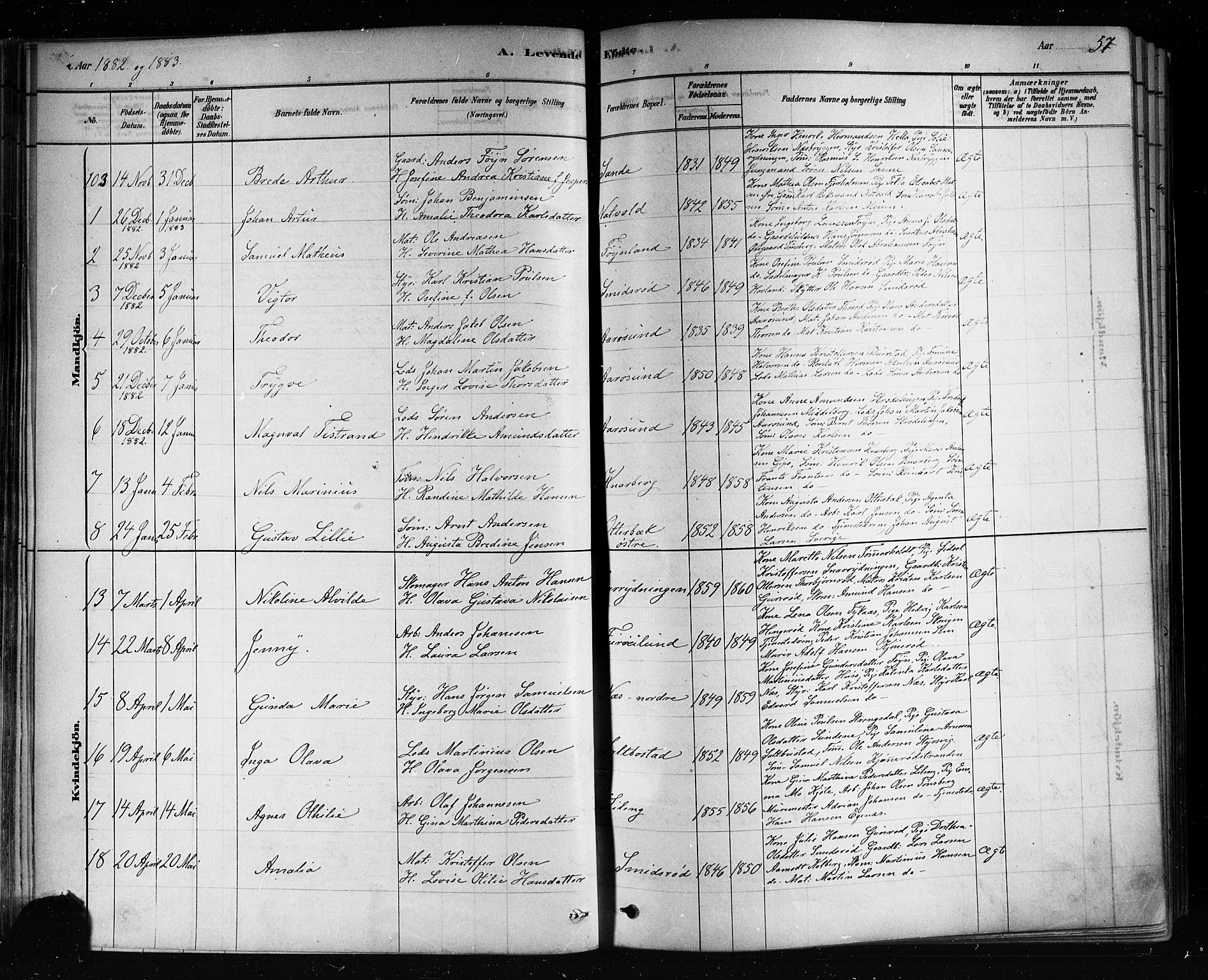 Nøtterøy kirkebøker, AV/SAKO-A-354/F/Fa/L0008: Parish register (official) no. I 8, 1878-1893, p. 57