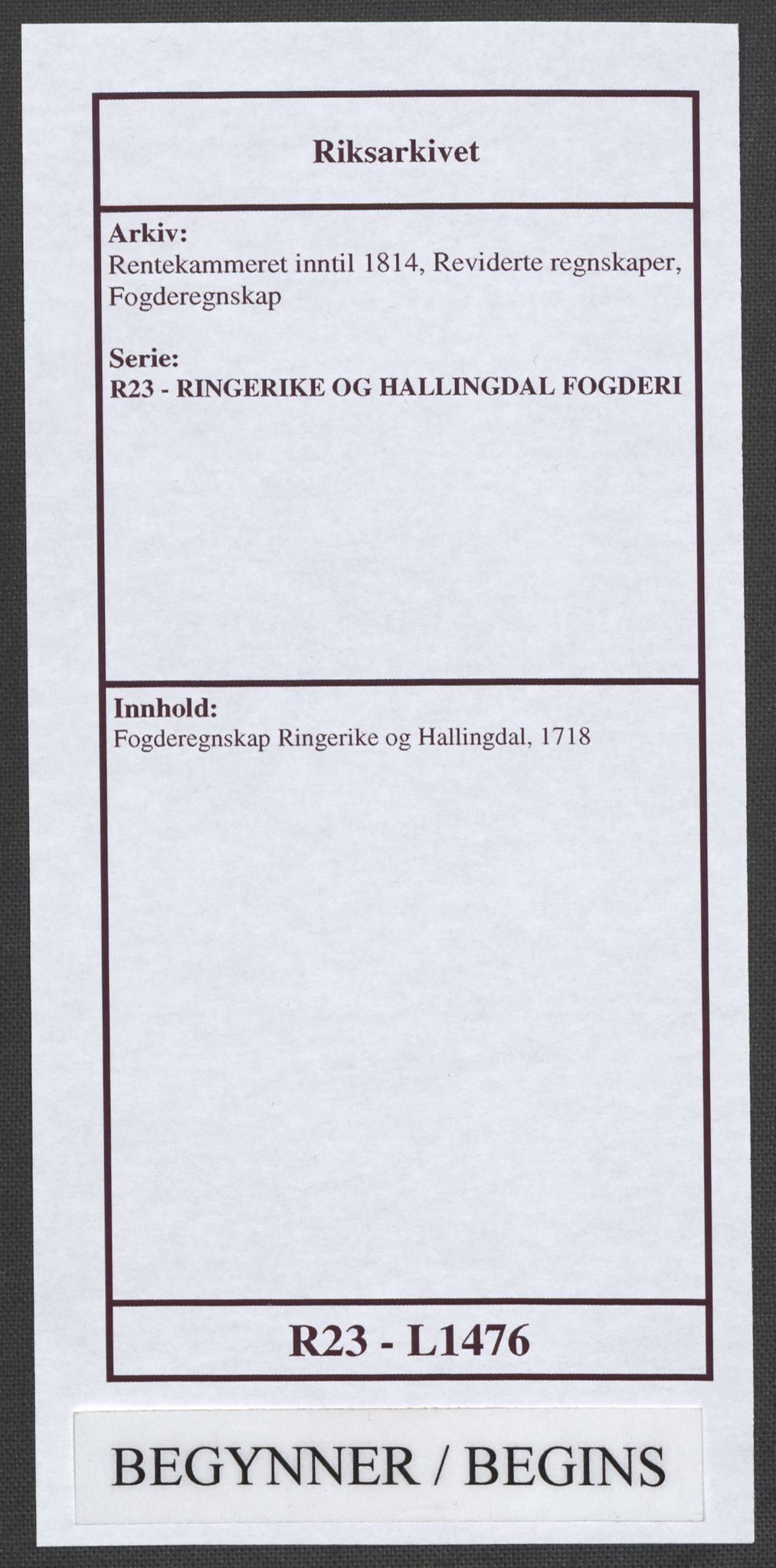 Rentekammeret inntil 1814, Reviderte regnskaper, Fogderegnskap, RA/EA-4092/R23/L1476: Fogderegnskap Ringerike og Hallingdal, 1718, p. 1