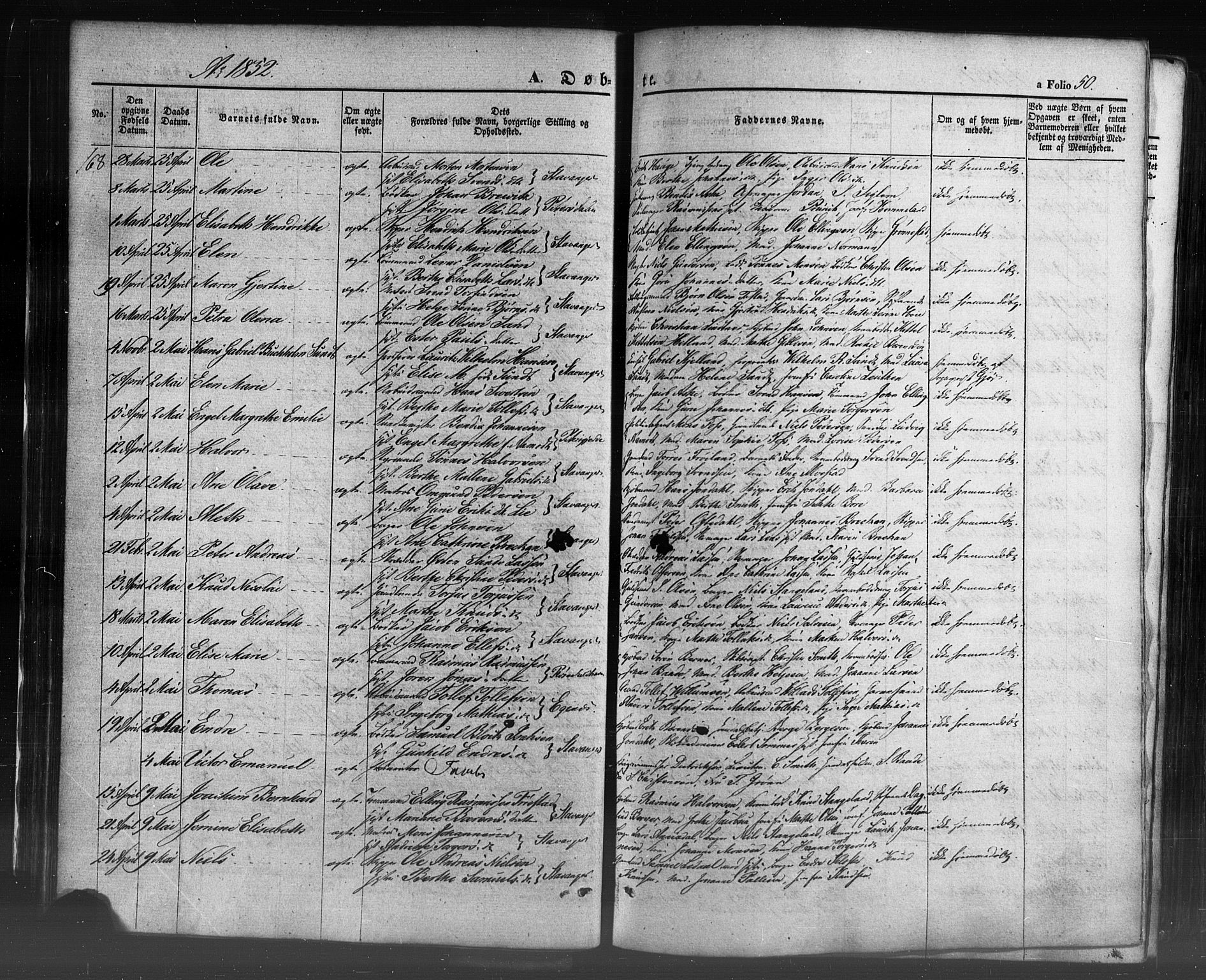 Domkirken sokneprestkontor, SAST/A-101812/001/30/30BB/L0009: Parish register (copy) no. B 9, 1850-1858, p. 50