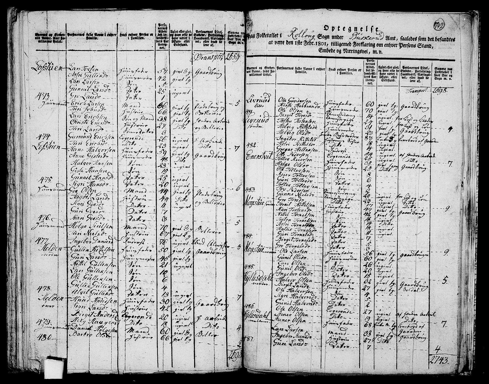 RA, 1801 census for 0632P Rollag, 1801, p. 741b-742a