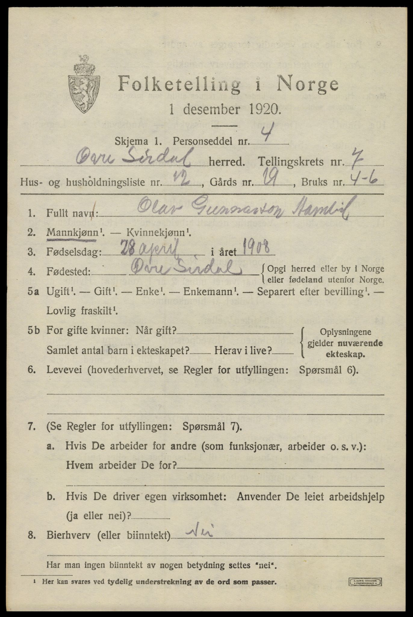 SAK, 1920 census for Øvre Sirdal, 1920, p. 1319