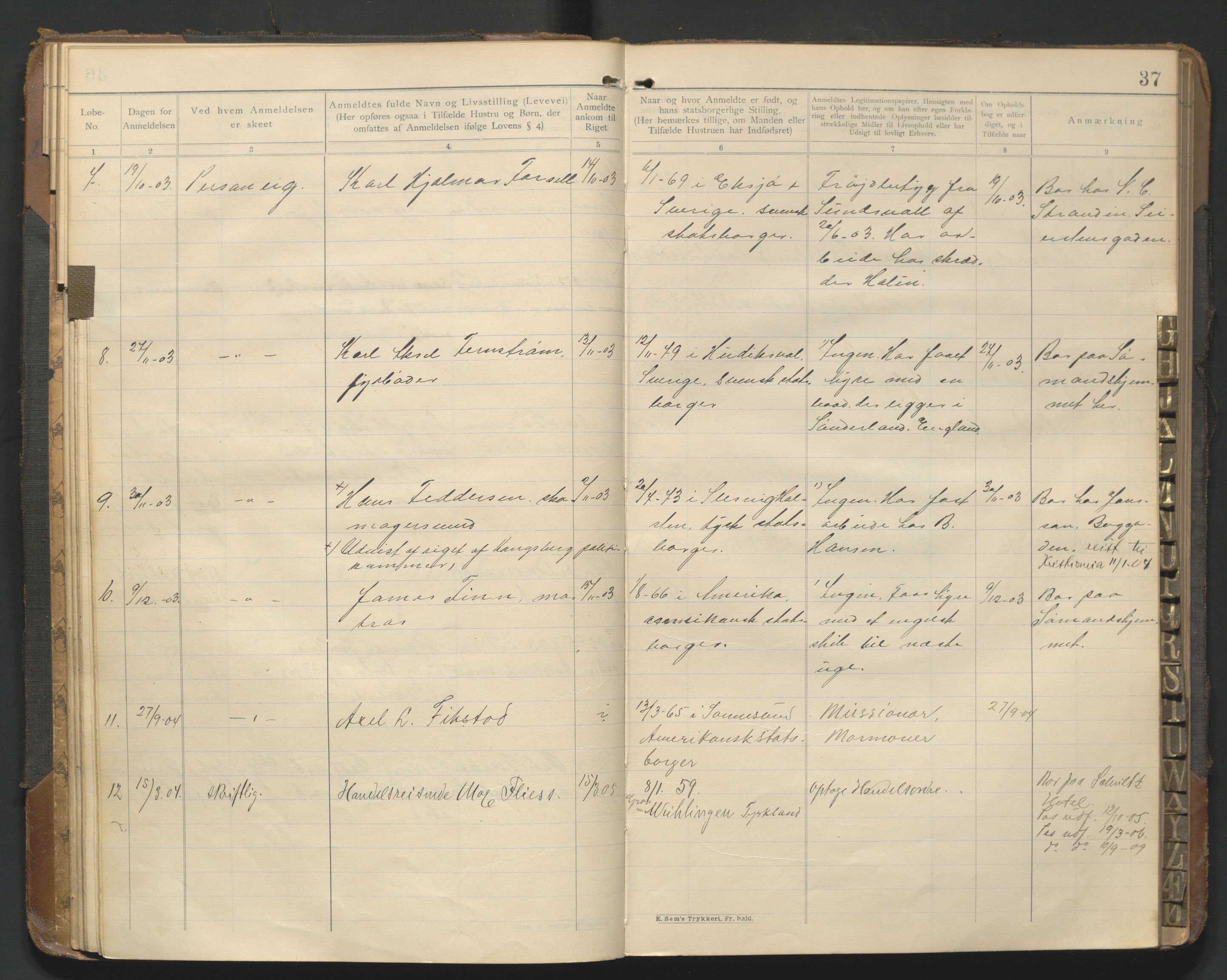 Fredrikstad politikammer, AV/SAO-A-10055/H/Hb/Hba/L0001: Protokoll over fremmede statsborgere, 1901-1916, p. 36b-37a