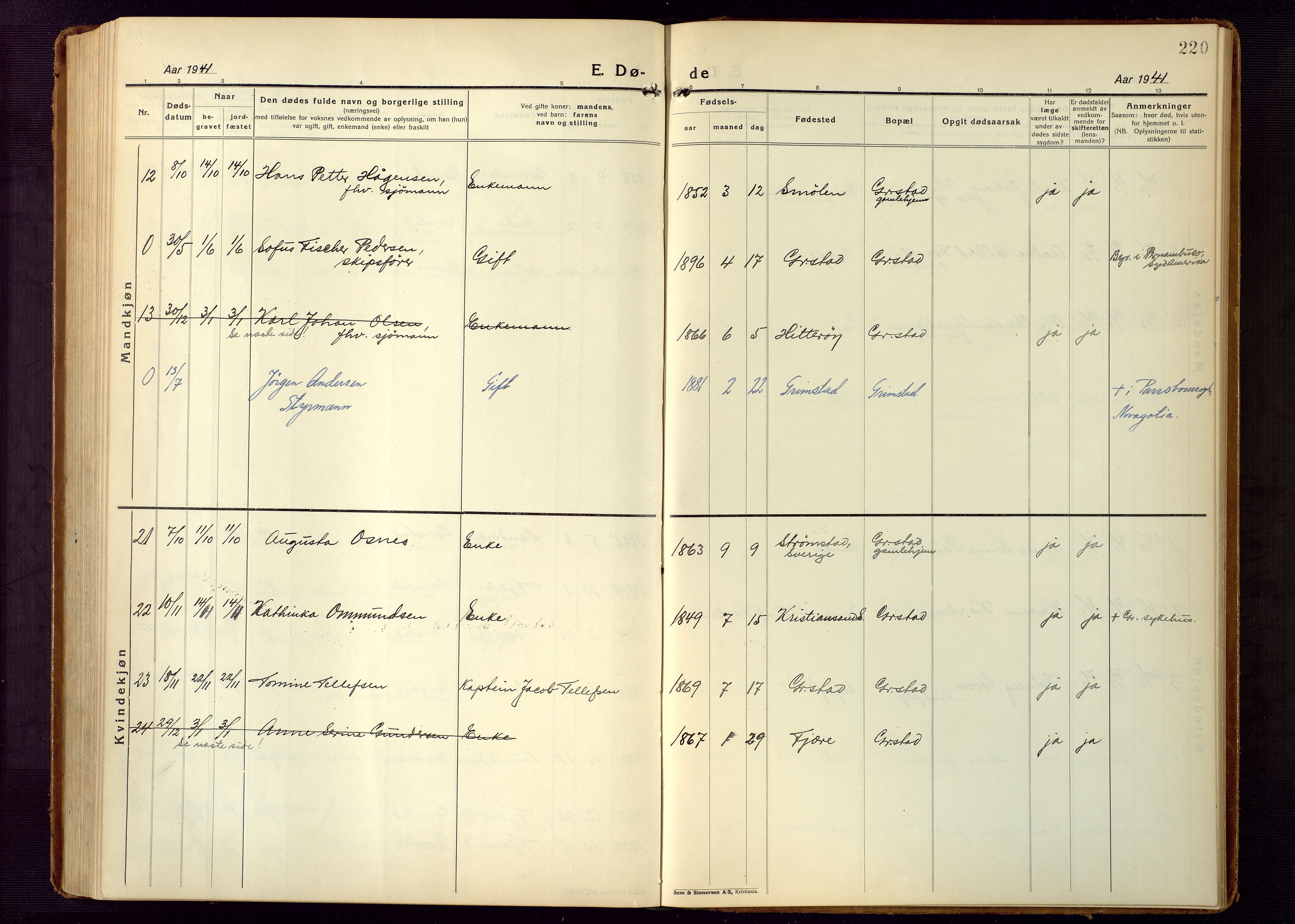 Grimstad sokneprestkontor, AV/SAK-1111-0017/F/Fb/L0002: Parish register (copy) no. B 2, 1923-1949, p. 220