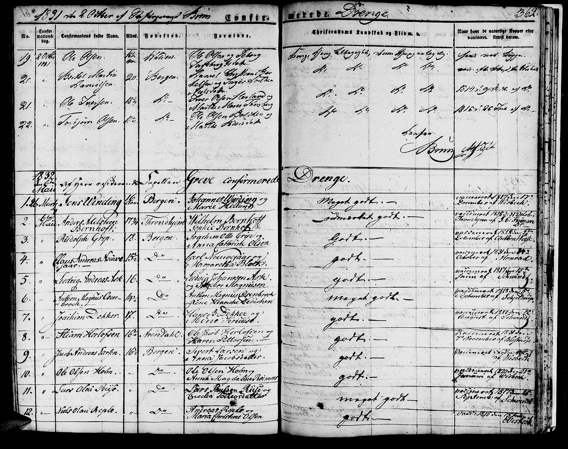 Domkirken sokneprestembete, SAB/A-74801/H/Haa/L0012: Parish register (official) no. A 12, 1821-1840, p. 362