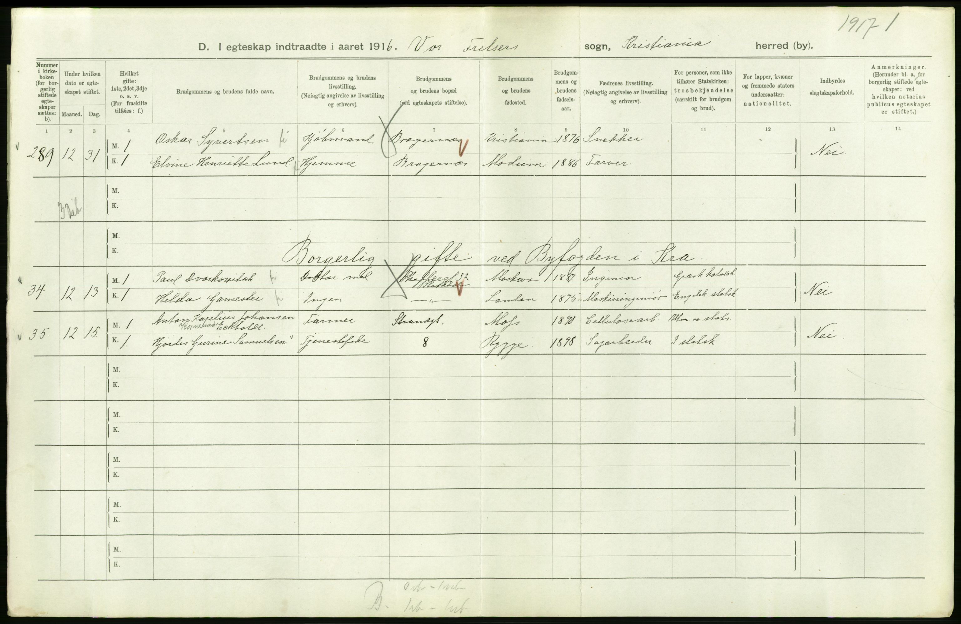 Statistisk sentralbyrå, Sosiodemografiske emner, Befolkning, AV/RA-S-2228/D/Df/Dfb/Dfbf/L0008: Kristiania: Gifte, 1916, p. 540