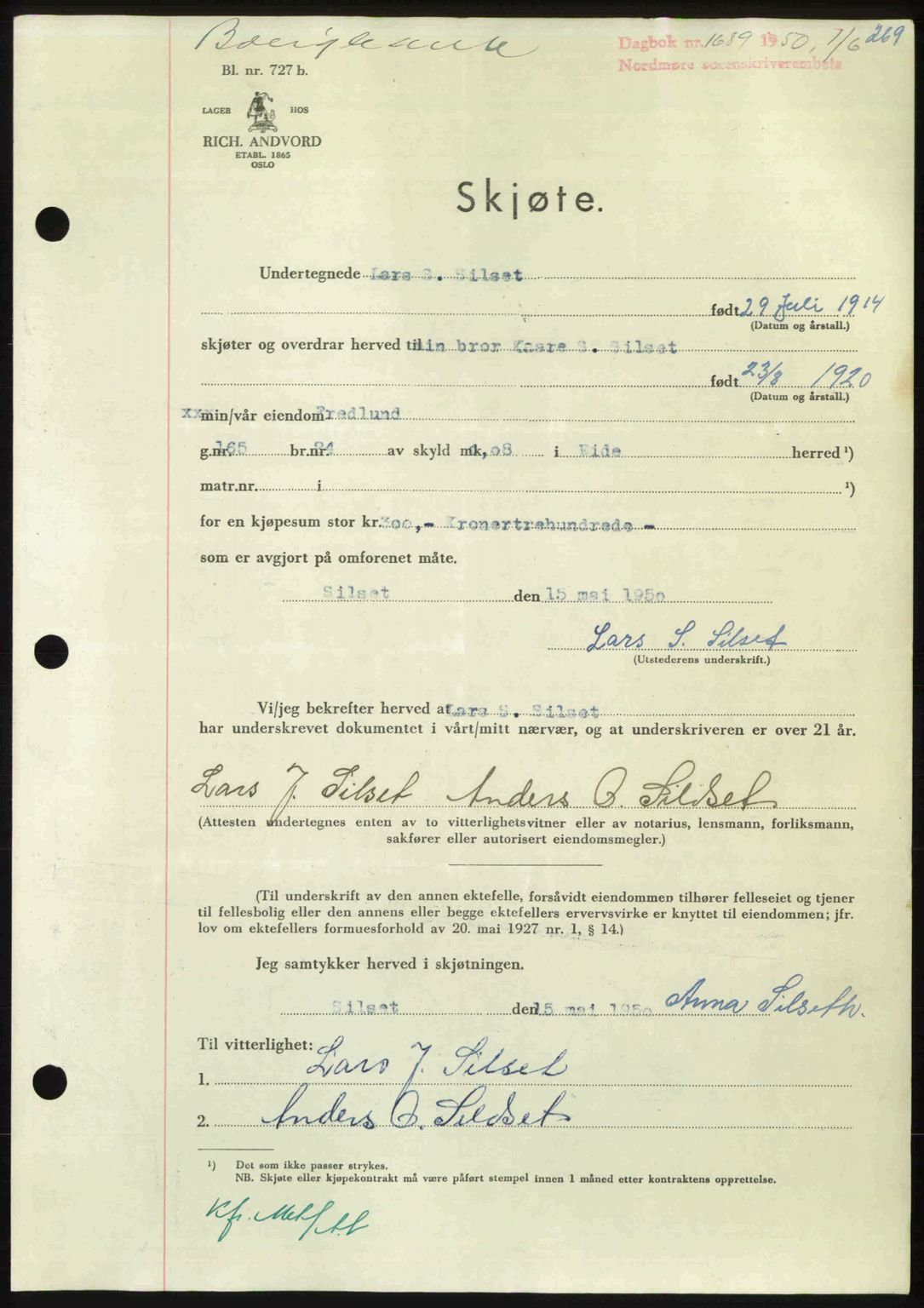 Nordmøre sorenskriveri, AV/SAT-A-4132/1/2/2Ca: Mortgage book no. A115, 1950-1950, Diary no: : 1689/1950