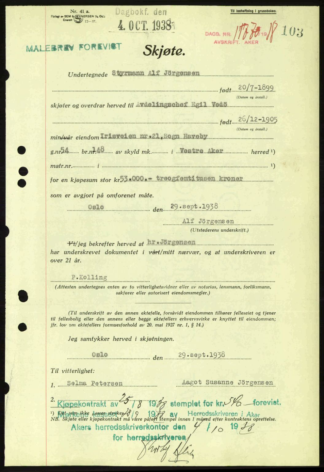 Aker herredsskriveri, SAO/A-10896/G/Gb/Gba/Gbab/L0025: Mortgage book no. A154-155, 1938-1938, Diary no: : 11770/1938