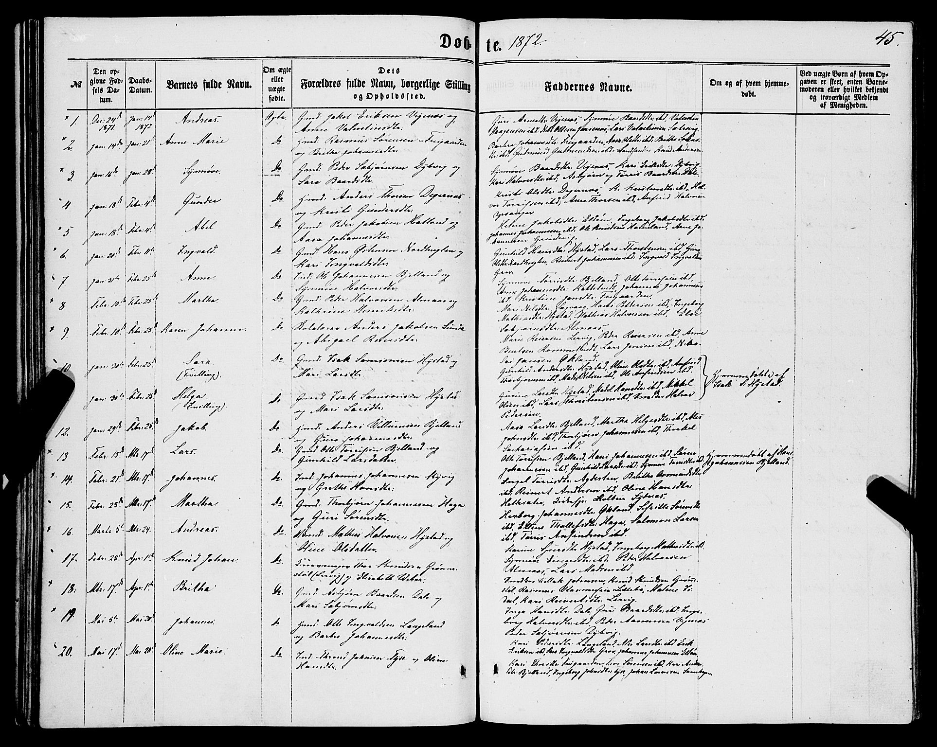 Stord sokneprestembete, SAB/A-78201/H/Haa: Parish register (official) no. B 1, 1862-1877, p. 45