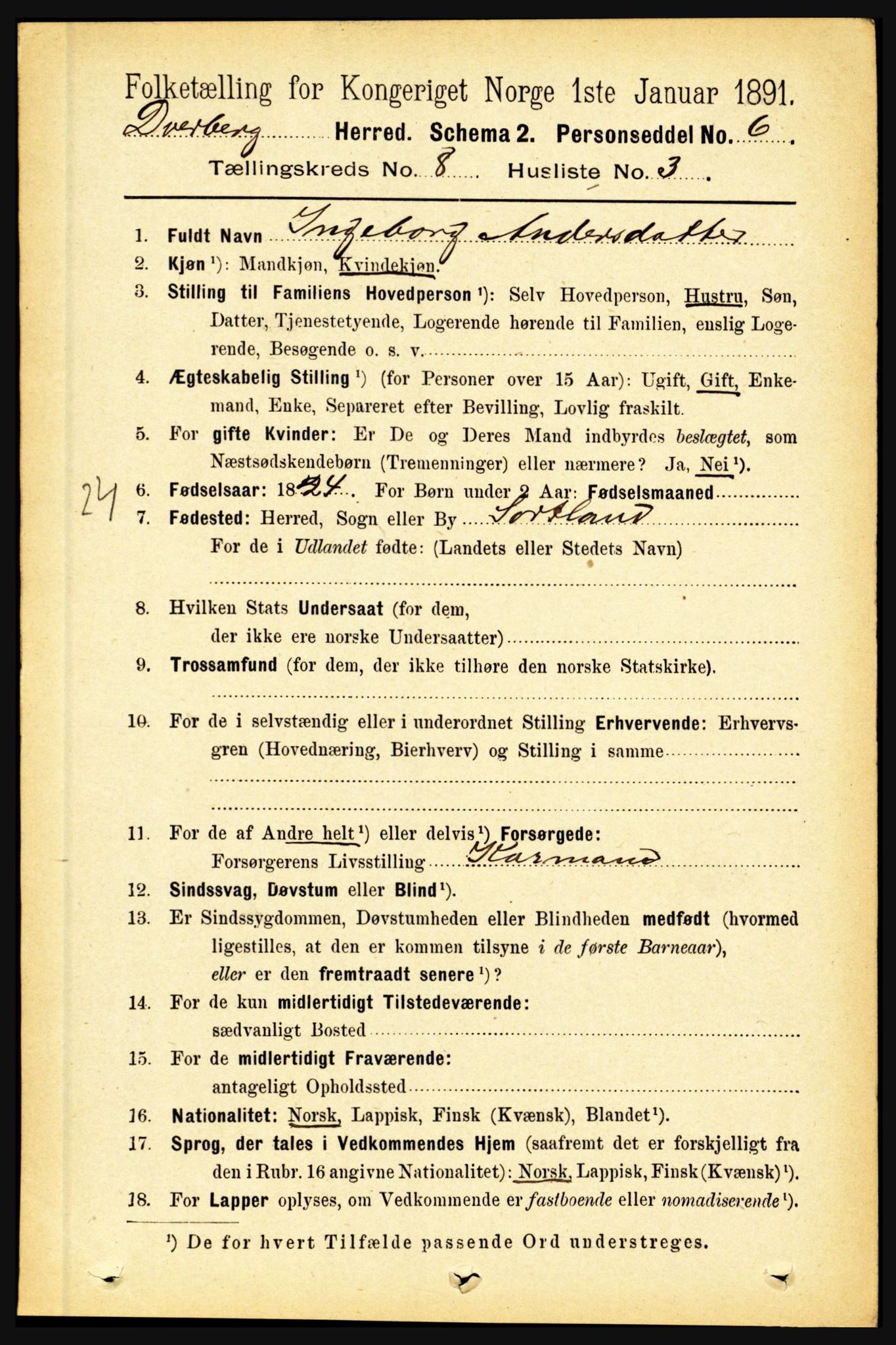 RA, 1891 census for 1872 Dverberg, 1891, p. 3124