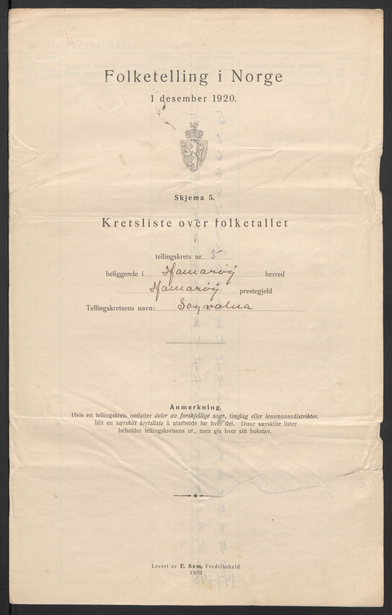 SAT, 1920 census for Hamarøy, 1920, p. 18