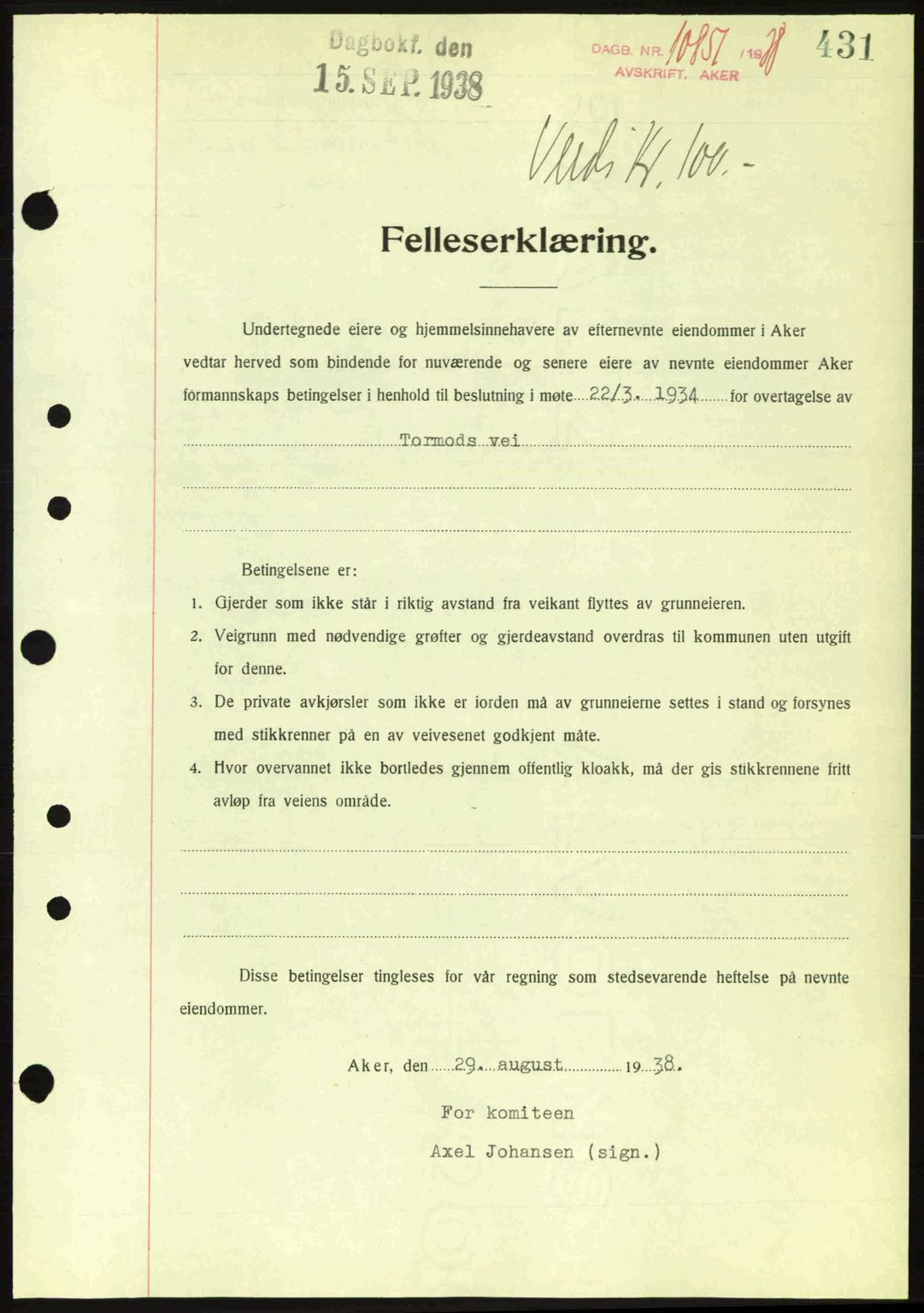 Aker herredsskriveri, SAO/A-10896/G/Gb/Gba/Gbab/L0025: Mortgage book no. A154-155, 1938-1938, Diary no: : 10851/1938