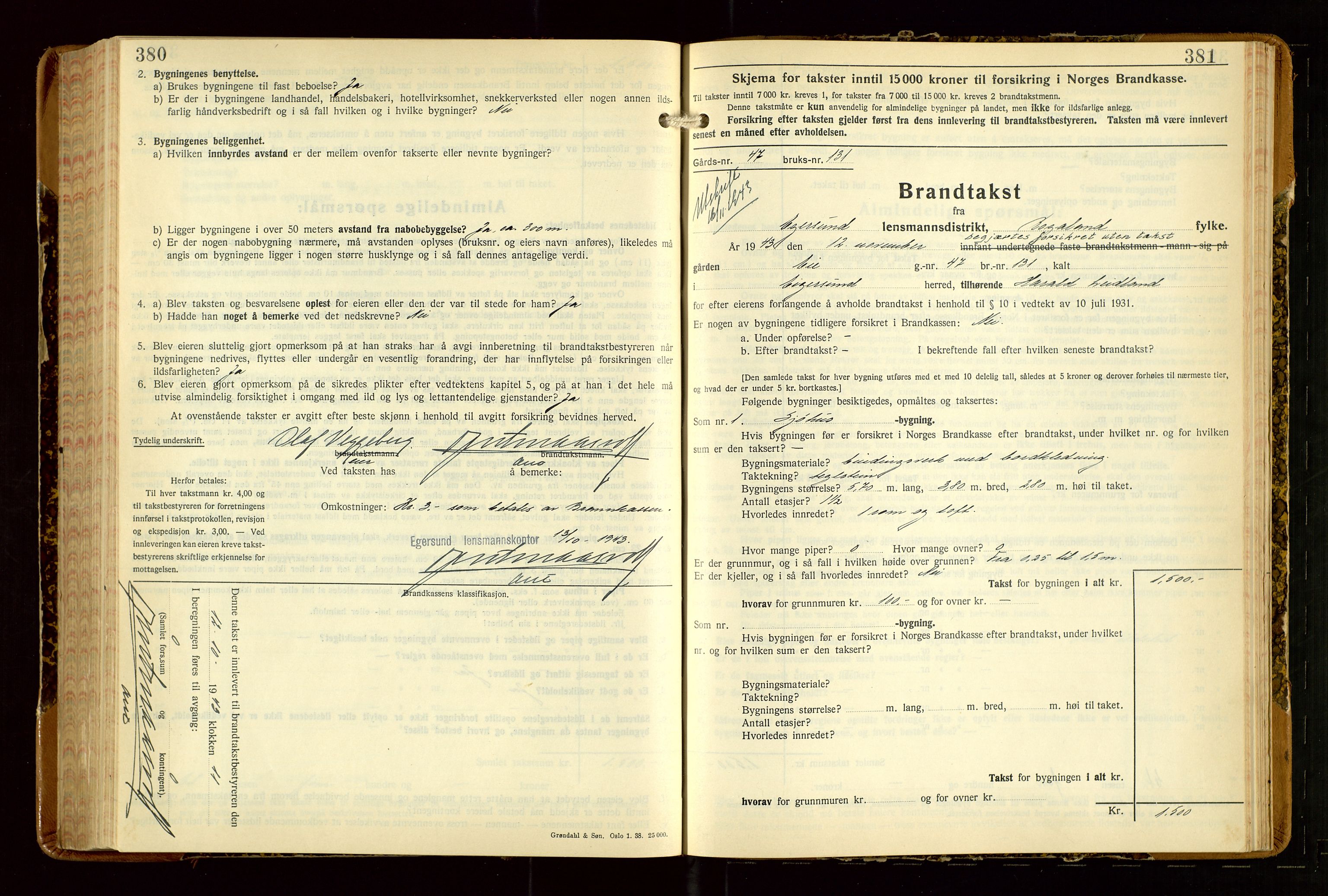 Eigersund lensmannskontor, AV/SAST-A-100171/Gob/L0007: "Brandtakstprotokoll", 1938-1955, p. 380-381