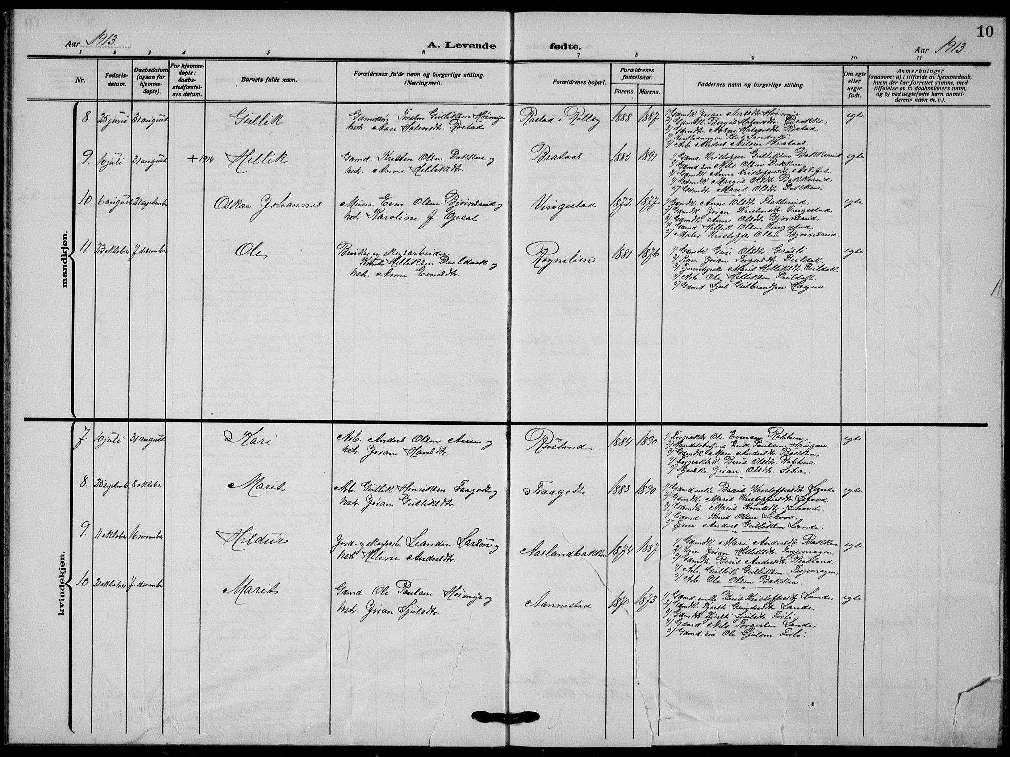 Flesberg kirkebøker, AV/SAKO-A-18/G/Ga/L0006: Parish register (copy) no. I 6, 1909-1924, p. 10
