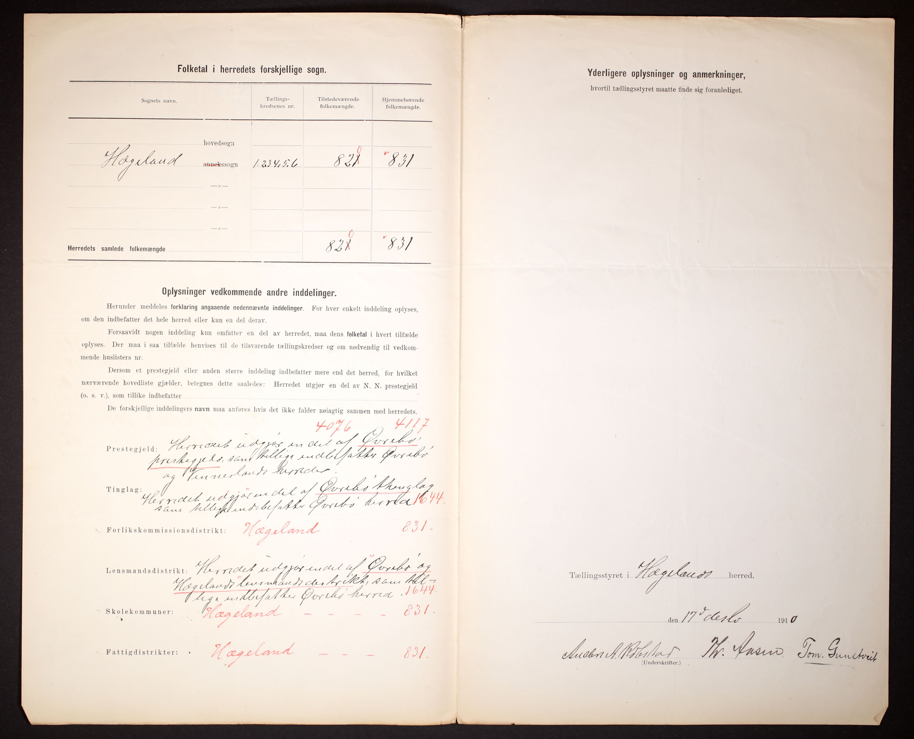 RA, 1910 census for Hægeland, 1910, p. 3