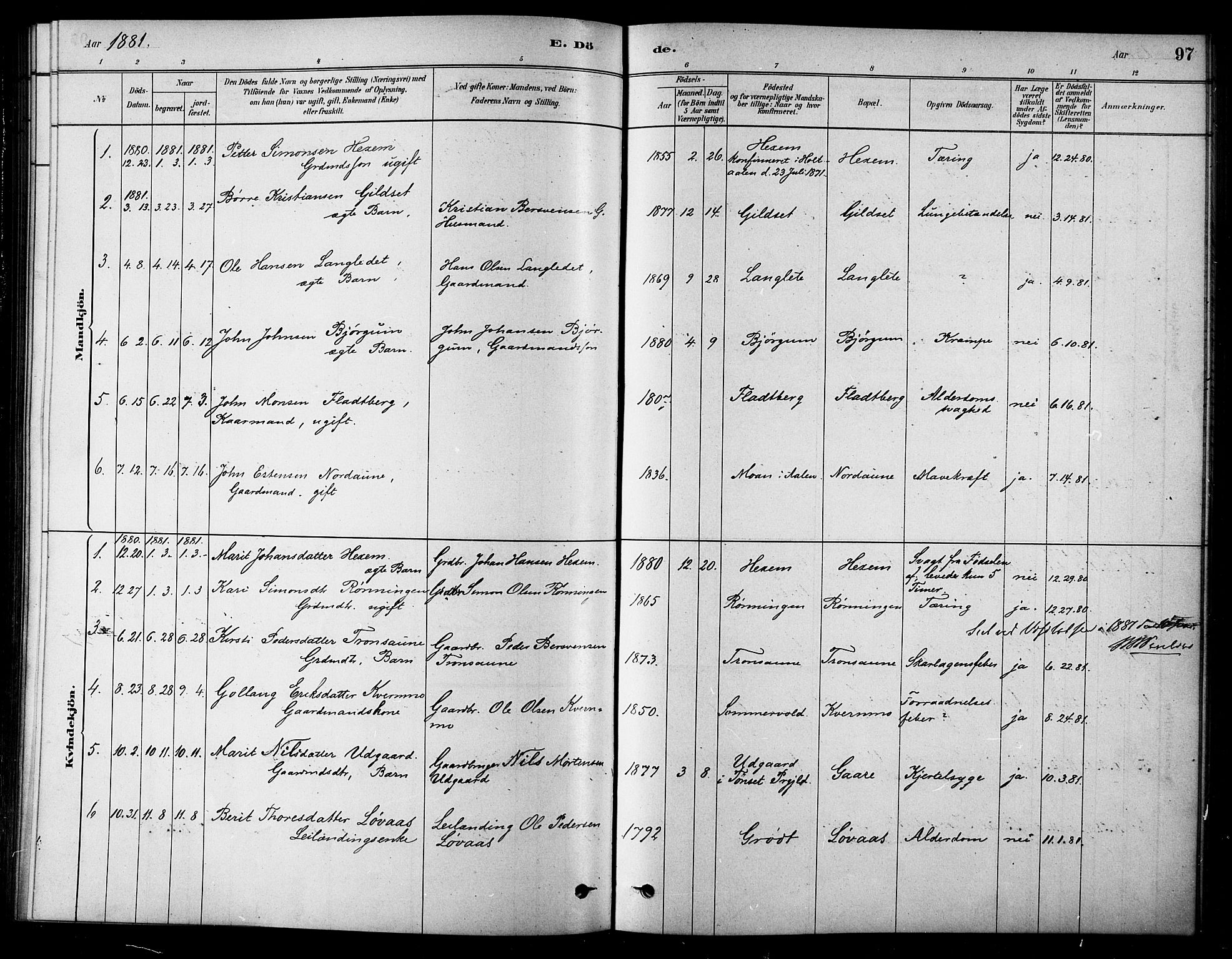 Ministerialprotokoller, klokkerbøker og fødselsregistre - Sør-Trøndelag, AV/SAT-A-1456/685/L0972: Parish register (official) no. 685A09, 1879-1890, p. 97