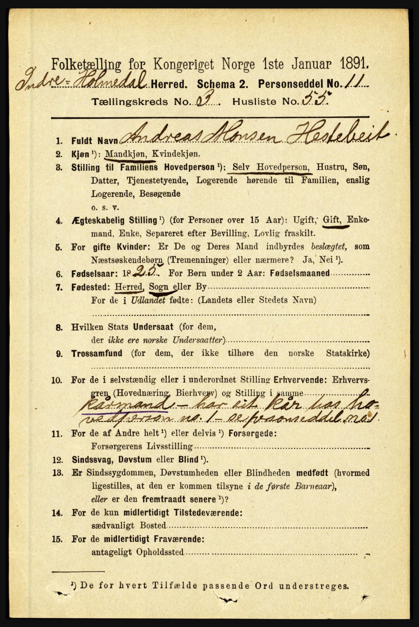 RA, 1891 census for 1430 Indre Holmedal, 1891, p. 1303