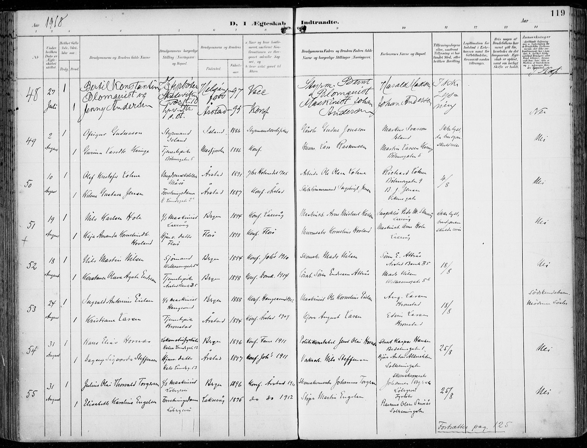 Årstad Sokneprestembete, AV/SAB-A-79301/H/Haa/L0009: Parish register (official) no. C 1, 1902-1918, p. 119